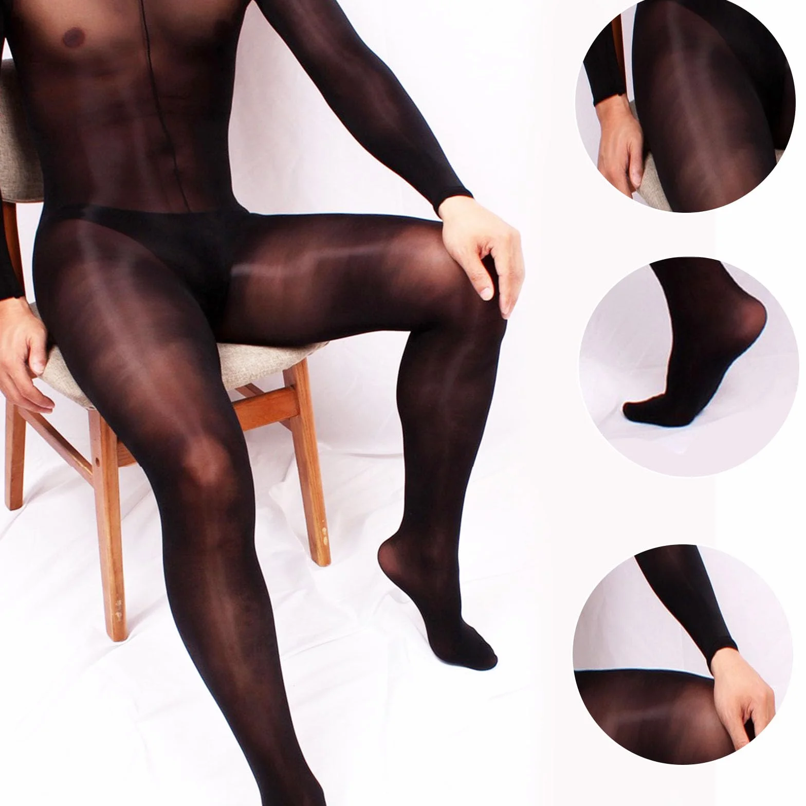 HTRUIYATY Męskie błyszczące bodystocking 8D rajstopy na całe ciało Men Jumpsuit elastyczne i stylowe body, czarny, M