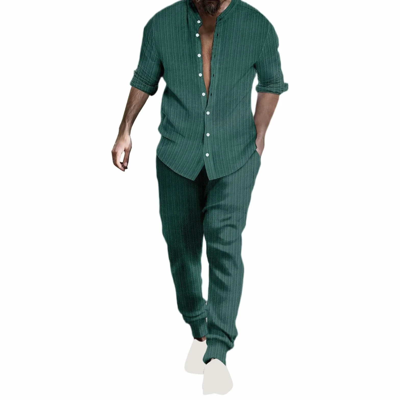 Generico Męski dres lniany lekki plus size garnitury sportowe na co dzień wygodne koszulki i spodnie bawełniane siłownia dresy do domu plaża wakacje ze sznurkiem krótkie rękawy kombinezon na siłownię