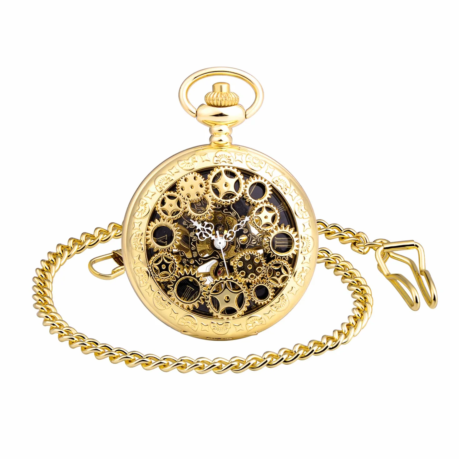 Unendlich U Męski zegarek kieszonkowy z cyframi rzymskimi z łańcuszkiem, analogowy, ręcznie nawijany, uniseks, retro, steampunk