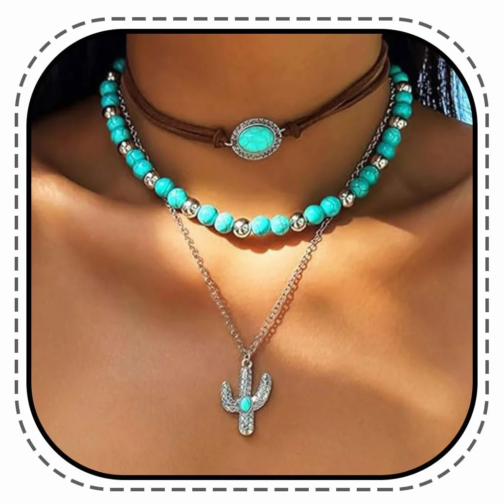 Naszyjnik w stylu boho w kolorze turkusowym, srebrnymi perłami, choker, łańcuszek warstwowy, biżuteria dla kobiet