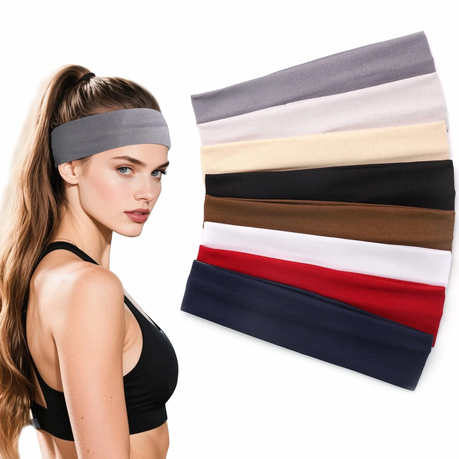 Opaski do jogi, 8 sztuk, opaska przeciwpotowa dla kobiet, opaska przeciwpotowa na czoło, elastyczna opaska na włosy, szeroka opaska na włosy, unisex, antypoślizgowa opaska na czoło do uprawiania