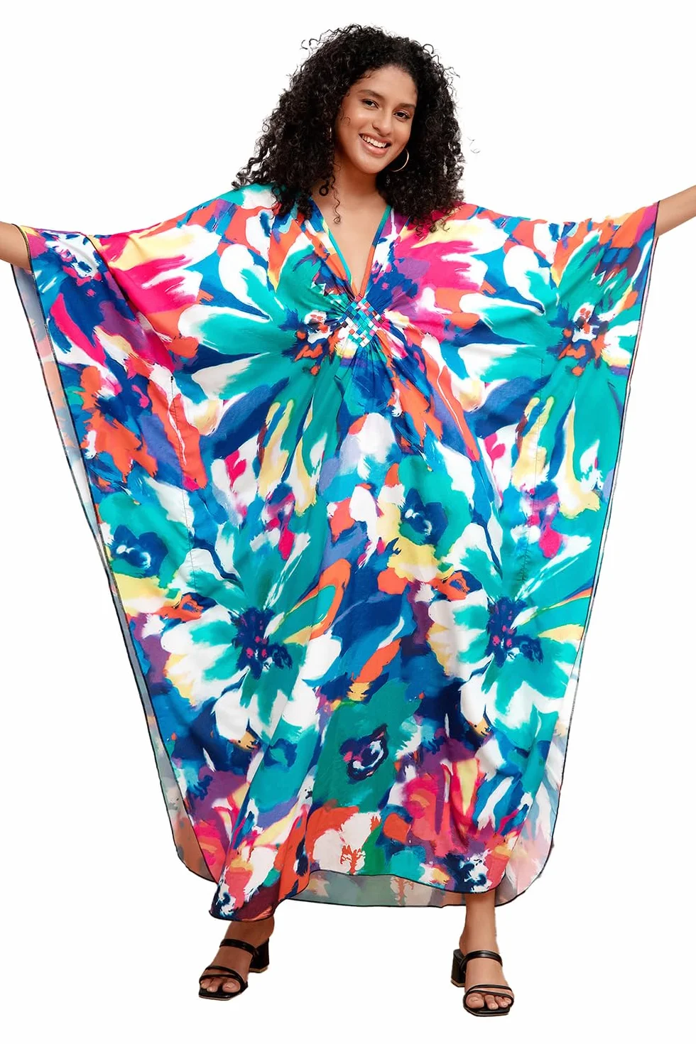 Damskie kwieciste haftowane kimono, długa letnia sukienka maxi, kaftan, na plażę, okrycie górne boho