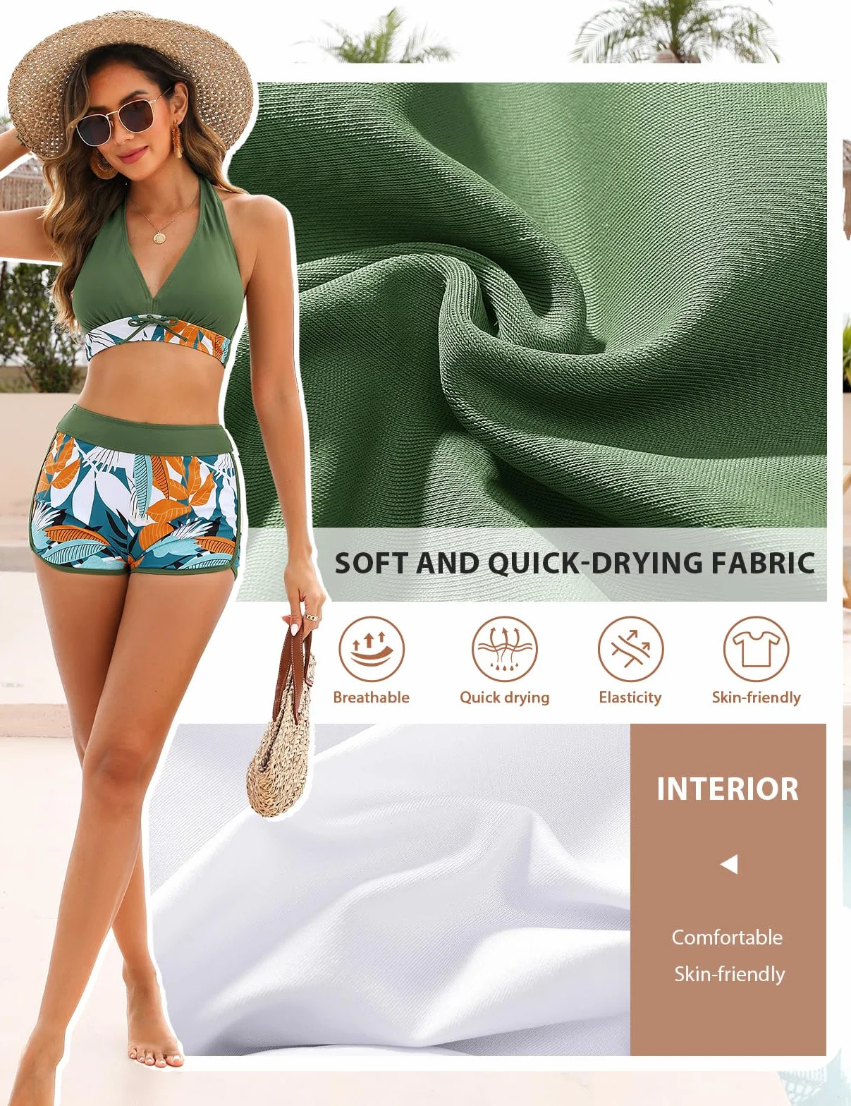 Tuopuda Damskie dwuczęściowe zestawy bikini z głębokim dekoltem w serek, strój kąpielowy z wysokim stanem, kontrola brzucha, top z szortami, kostium kąpielowy