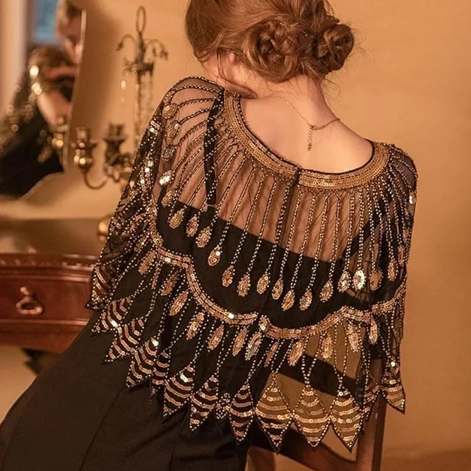 Damski wieczór cekinowy szal lata 20. sukienka vintage peleryna elegancki haft siatka kardigan trend okrycie akcesoria na imprezę studniówkę