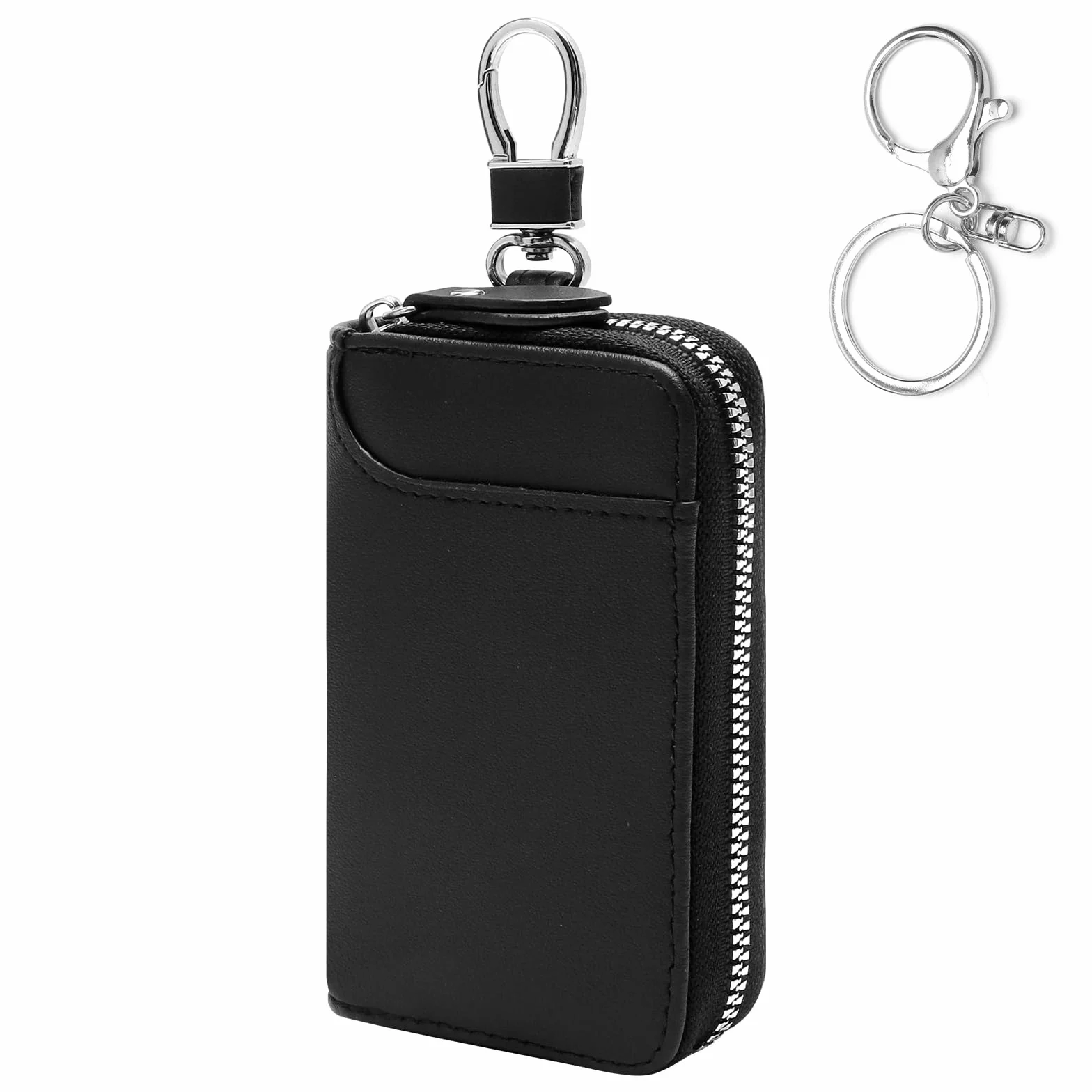 TNSLAND Etui na klucze z 6 hakami i 3 kieszonkami na karty, etui na klucze ze skóry z auto-breloczkiem i odłączalnym haczykiem, kompaktowa torebka na klucze dla mężczyzn i kobiet, do samochodu