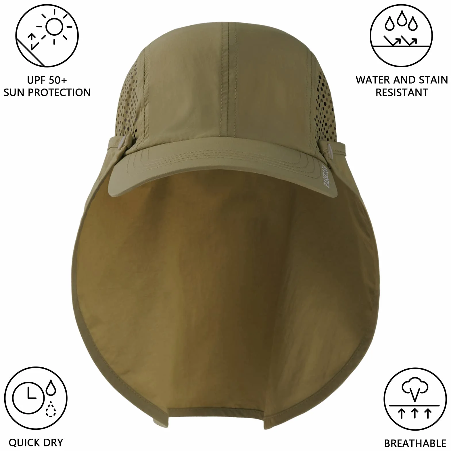 BASSDASH UPF 50+ składana czapka wędkarska czapka bejsbolówka ze zdejmowaną klapą na szyję przenośna dla mężczyzn kobiet golf piesze wycieczki