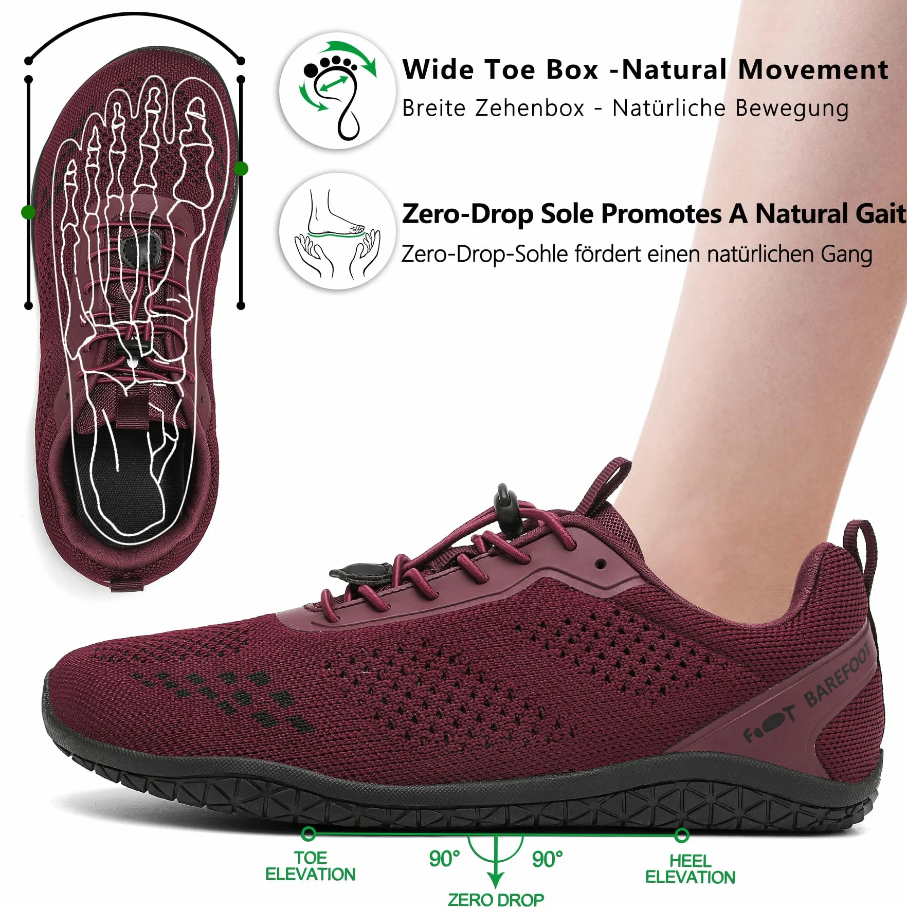 Geweo Buty Barefoot Męskie i Damskie Lekkie Wygodne Buty Sportowe Treningow z Szeroką Skrzynią na Palce Oddychające Buty do Biegania, do CrossFit z podeszwą Zero-Drop Unisex Burgund Czerwony 42EU