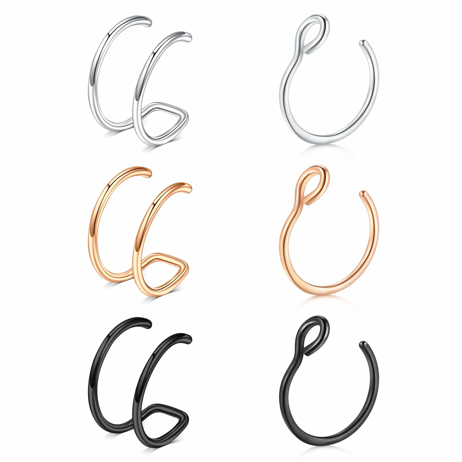 LAURITAMI 6 sztuk fałszywych piercingów 20 g, ze stali nierdzewnej, sztuczne kolczyki do nosa, warg, ucha, nosa, zestaw bez klipsów do nosa, 8 mm