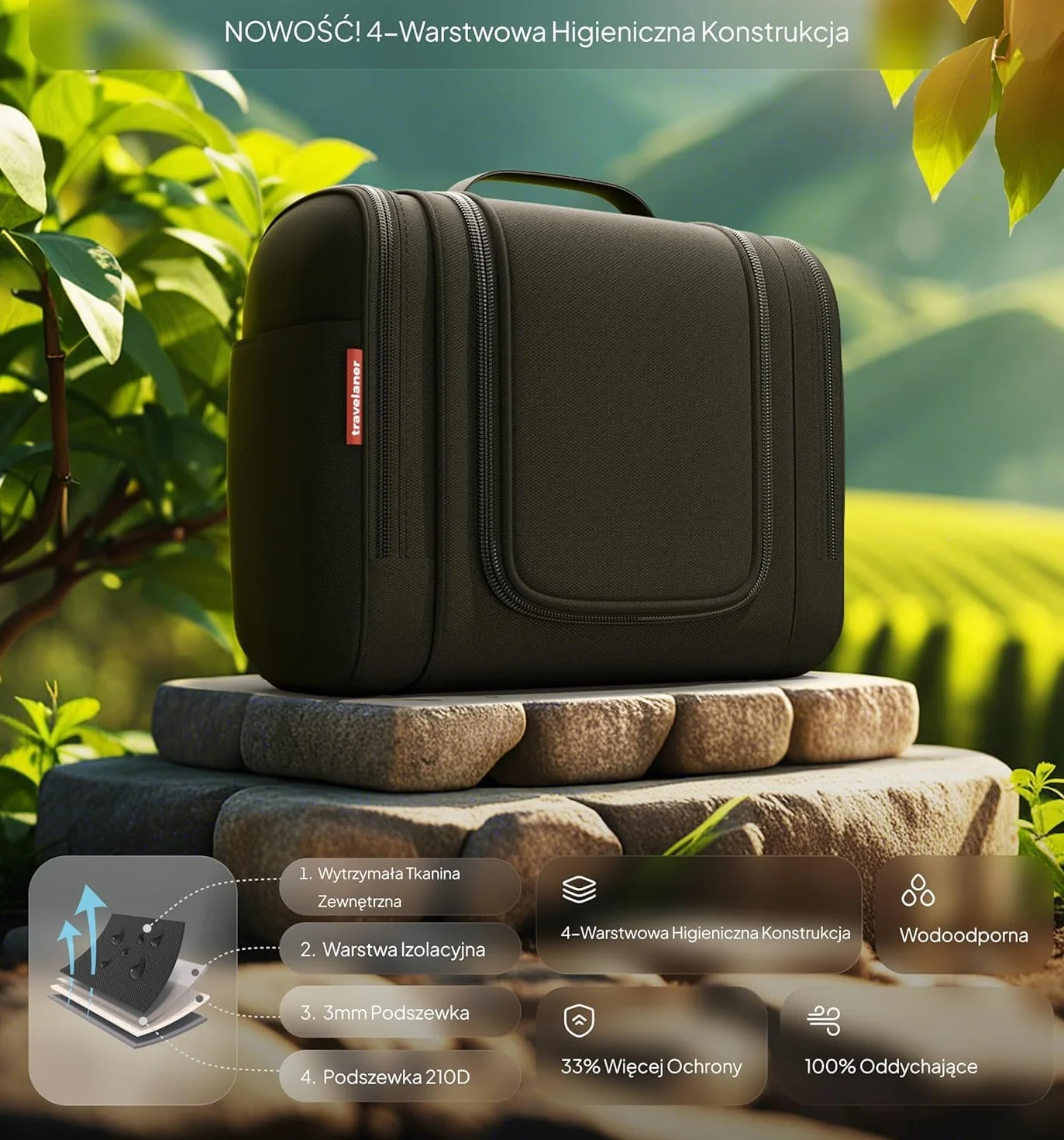 Travelaner® Kosmetyczka DESIGN 2026, Wisząca Kosmetyczka Podróżna 3w1, Pojemność 7 Litrów, dla Kobiet i Mężczyzn, Duża Torba Toaletowa, Czarny