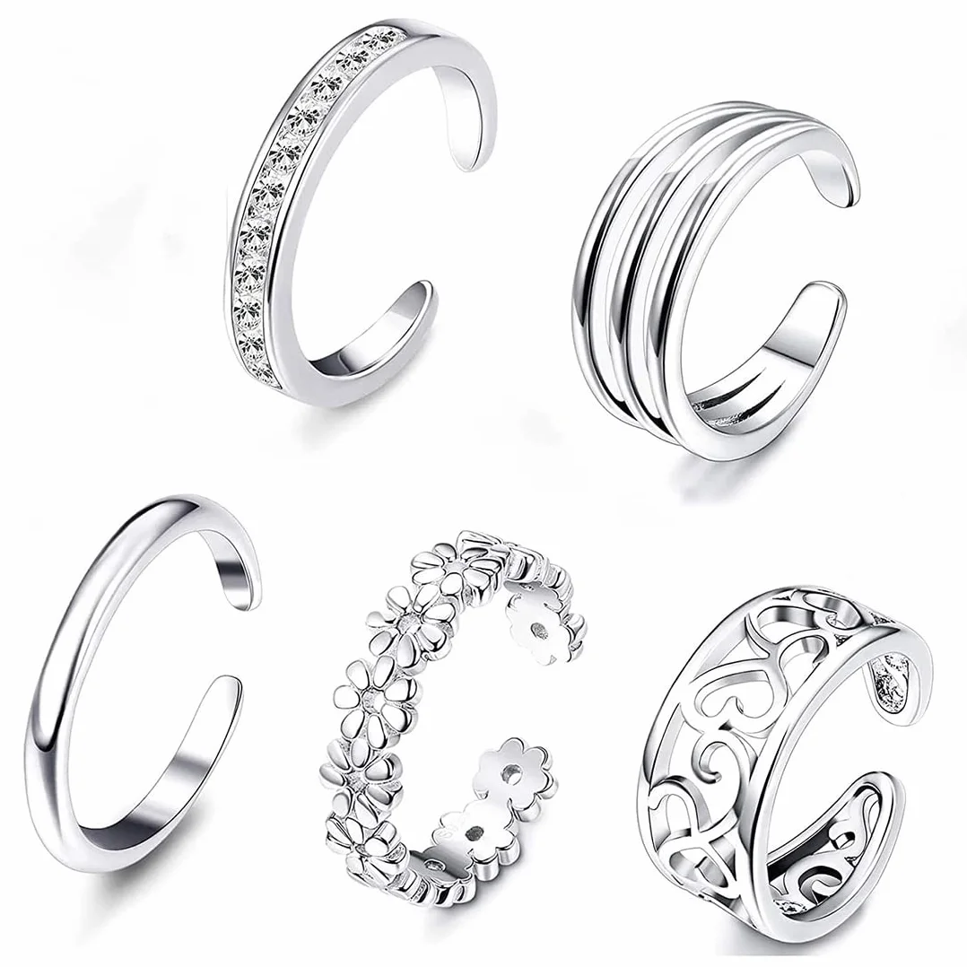 5 szt. 926 Sterling Silver Toe Rings dla kobiet, zestaw biżuterii z otwartymi regulowanymi pierścieniami