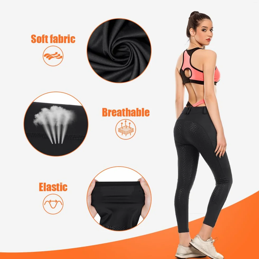 HOTUT Damskie spodnie jeździeckie, damskie legginsy jeździeckie, damskie majtki do jazdy konnej z silikonowym dnem, wysoka talia, damskie spodnie jeździeckie z kieszenią i szlufkami na pasek