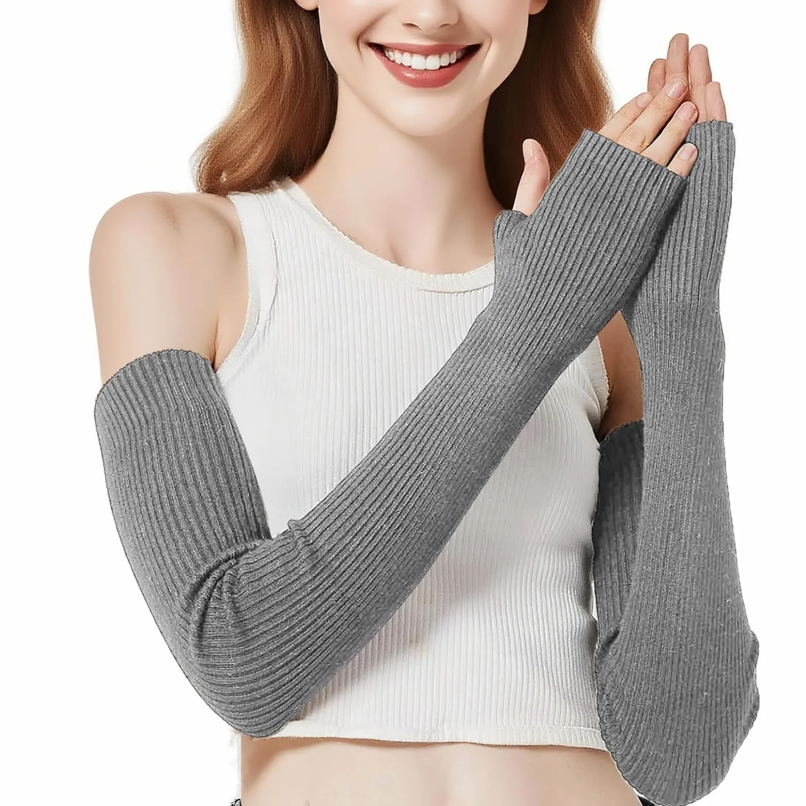 EQLEF Arm Warmers damskie, ciepłe rękawiczki na palce i dłonie długie rękawiczki czarne bez palców damskie rękawiczki do zimowania, Szary, 60*6.5cm