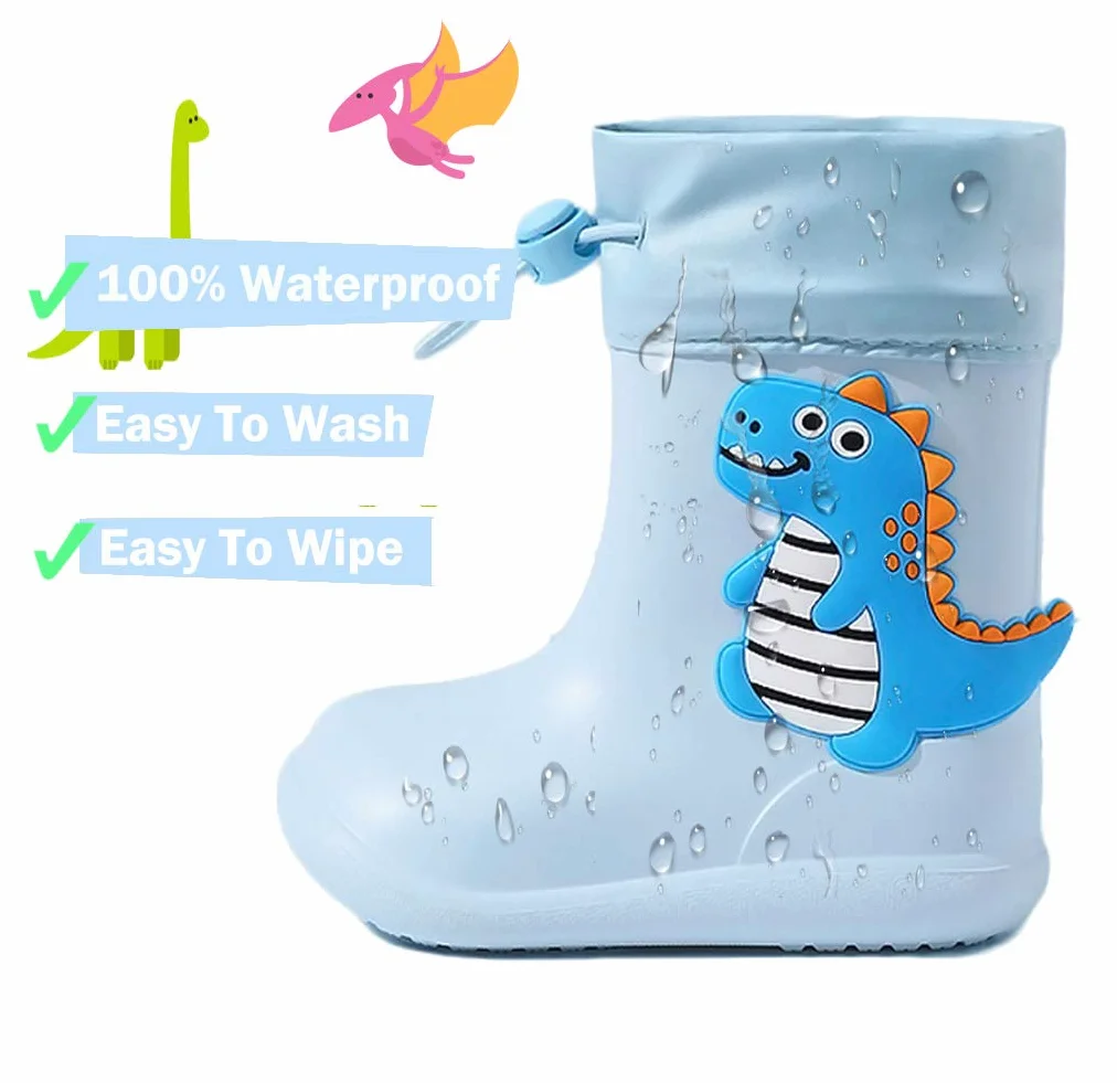Dinozaur buty przeciwdeszczowe z zamknięciem sznurkowym dla dzieci chłopca i dziewczynki, wodoodporne antypoślizgowe unisex dzieci kalosze Wellington gumowe buty przeciwdeszczowe outdoorowe