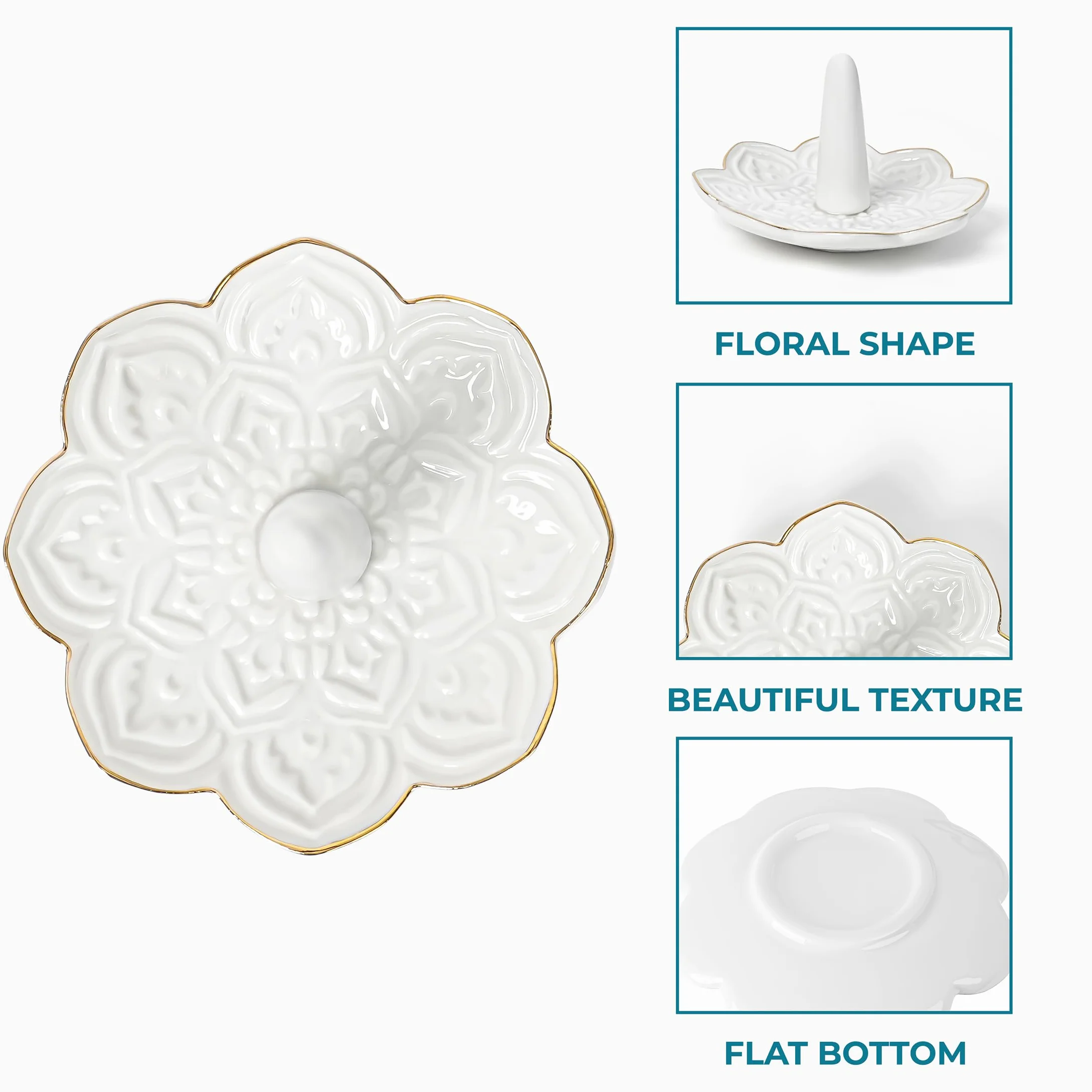 Winter Shore Biała Ceramiczna Patera na Pierścionki z Mandalą – Elegancka Patera na Obrączki i Zaręczynowe Pierścionki – Prezent dla Par – Mała Patera na Biżuterię – Dekoracyjna Tacka na Pierścionki