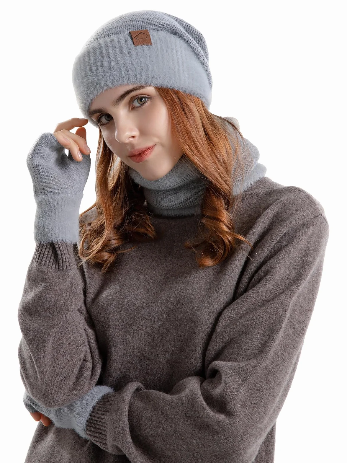 Zestaw czapek i szalików dla kobiet z podszewką polarową, czapka, szalik i rękawiczki, zestaw damski, 3 w 1, termiczna dzianinowa czapka beanie, ocieplacz na szyję, rękawiczki bez palców, dla