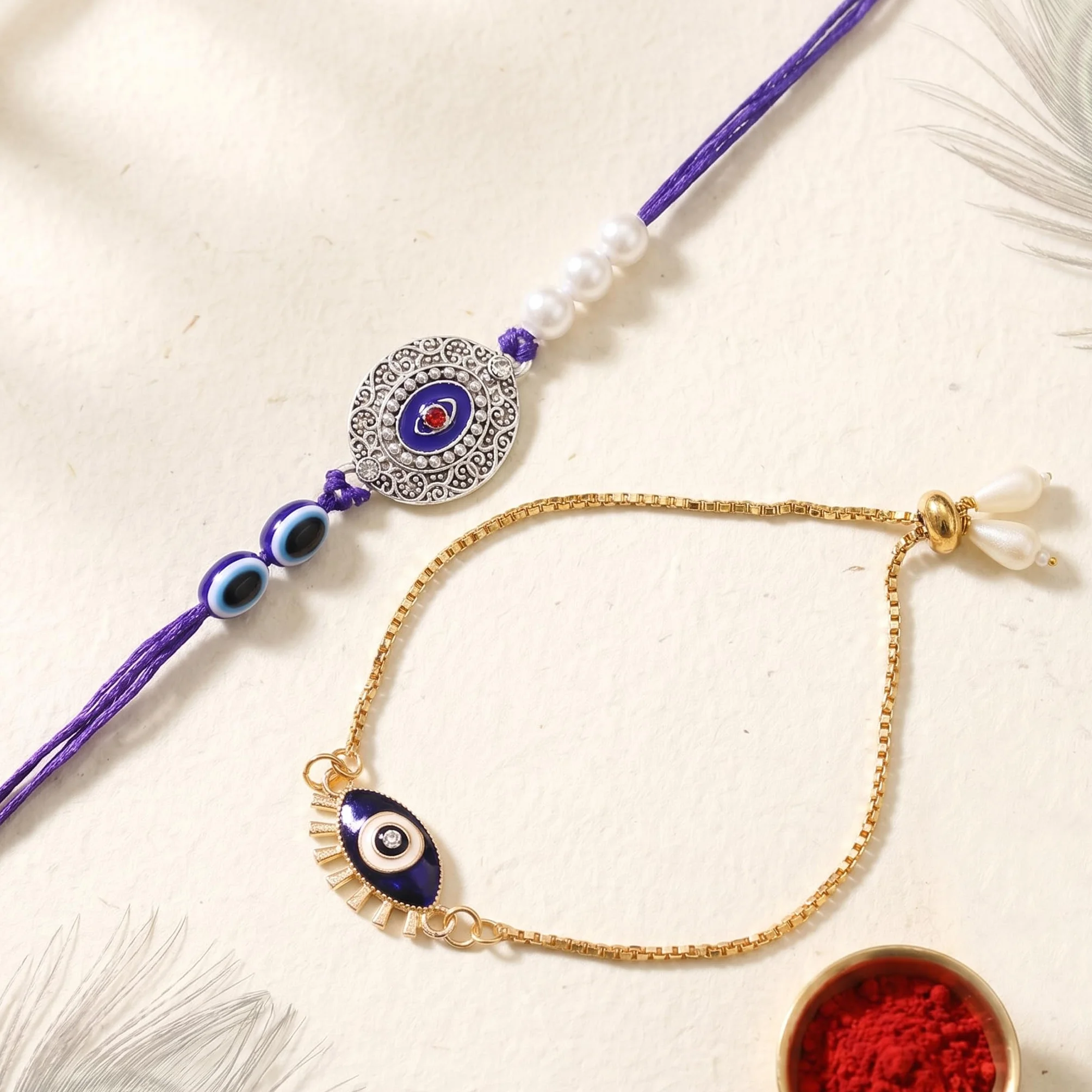 TIED RIBBONS Zestaw 2 rakhi dla brata z zestawem upominkowym, mini kartka, pakiet Roli, bransoletka Raksha Bandhan dla brata Rakhi 2 zestaw