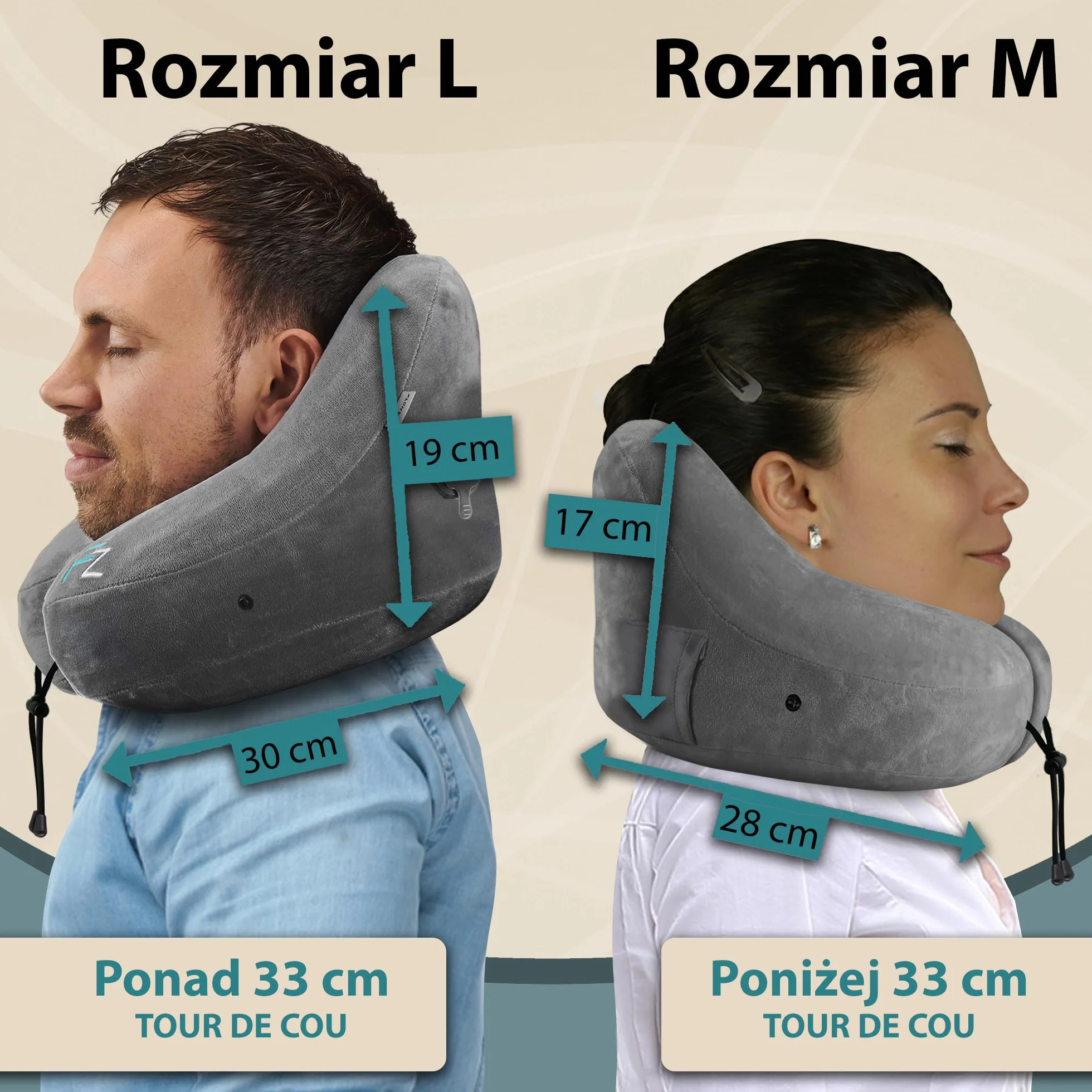 FLOWZOOM Air Dmuchana Poduszka Podróżna z Kapturem dla Kobiet - Do Samolotów, Pociągów i Samochodów - Poduszka Zapewnia Wsparcie Szyi 360 ° - Szybkie Pompowanie - Szary Rozmiar L