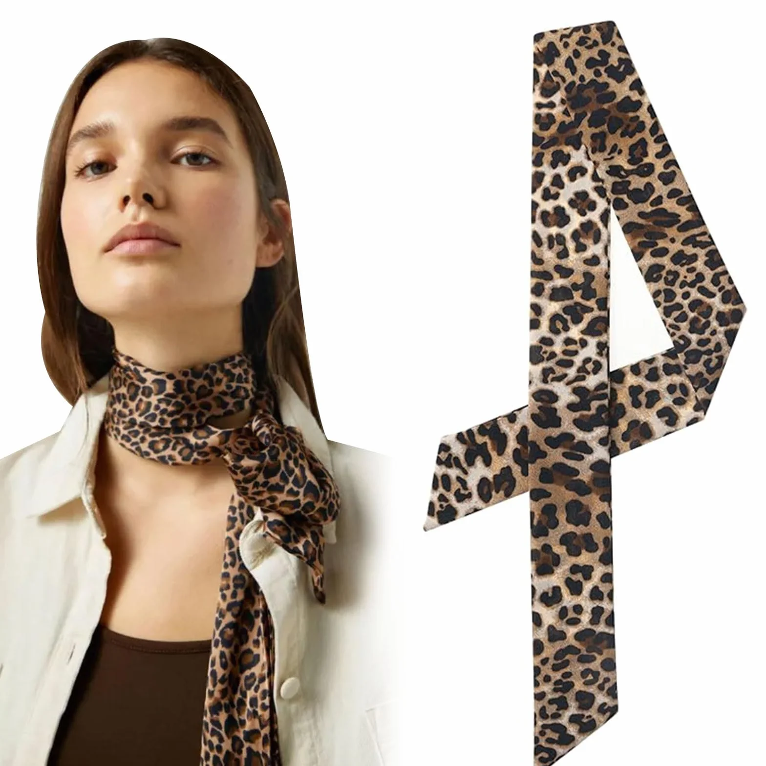 Cerioll Damski szalik skinny scarf, modna opaska na czoło, chusta na szyję, damski szal z lampartem, wąski jedwabny szalik, satynowa wstążka, jedwabna chusta krawat, ozdoba głowy, szal do włosów