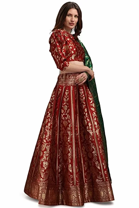 Damska sukienka żakardowa Lehenga Choli & Dupatta na wesele, dowolny rozmiar (Lehenga: częściowo szyta i bluzka: bez szycia)