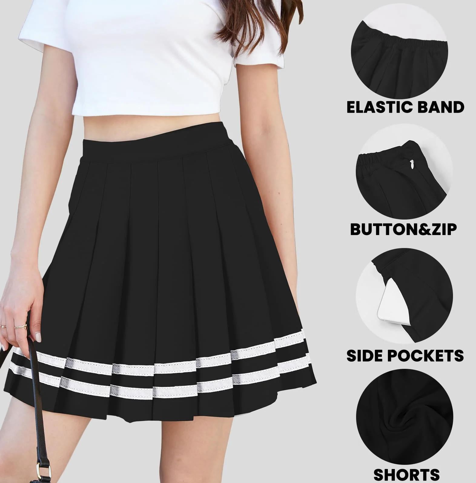 SANGTREE Women's Pleated Mini Skirt with Comfy Casual Stretchy Band Skater Skirt, US XS - US 4XL