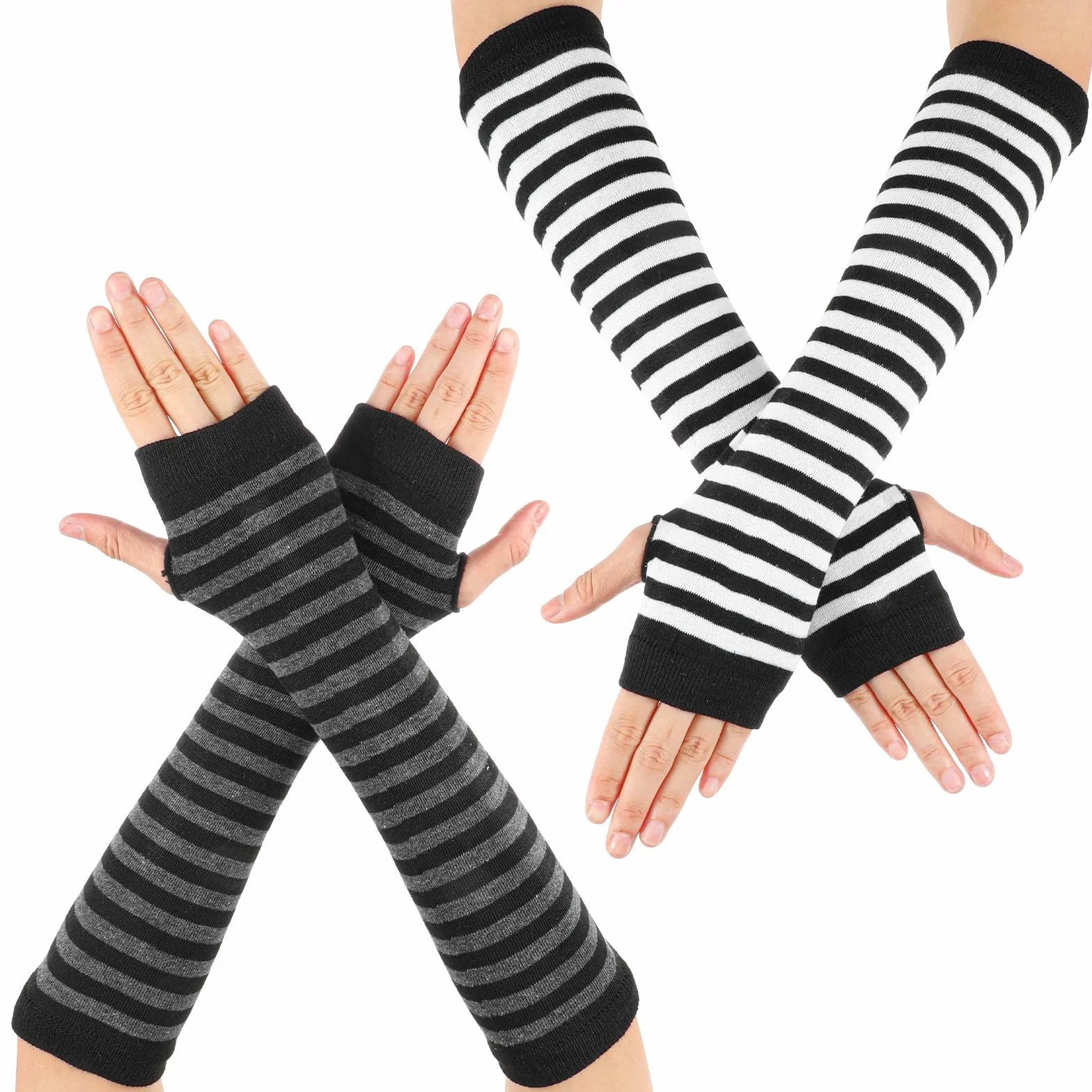 2 pary pasiastych ocieplaczy na ręce, punk, gotyckie, pasiaste, dziane rękawiczki bez palców, Harajuku Kawaii, ciepłe, ścielące się, dziane rękawiczki z otworem na kciuk dla kobiet i mężczyzn