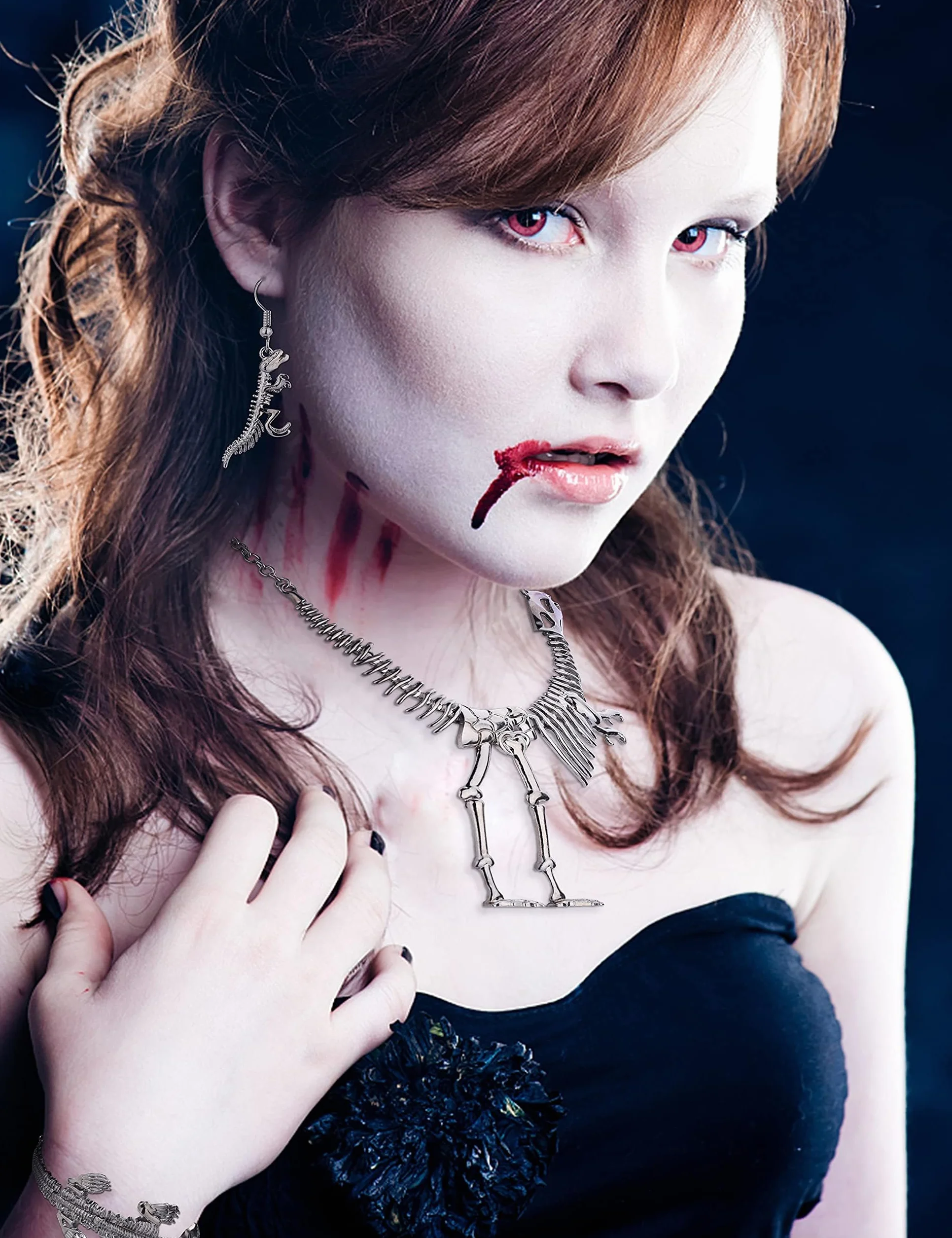 LOLIAS Halloween punkowy naszyjnik zestaw kolczyków gotycka czaszka szkielet pazur choker naszyjnik ogniwo bransoletka wiszące kolczyki zestaw biżuterii dla kobiet dziewcząt, Metal