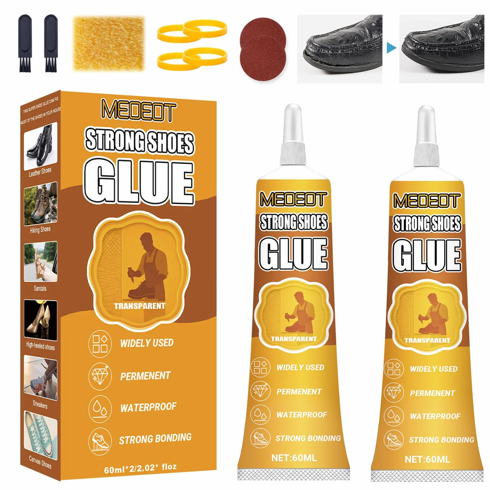 Klej do butów, klej do podeszwy butów, bardzo mocny klej do butów, profesjonalny klej do butów, wodoodporny, przezroczysty, 2 x 60 ml