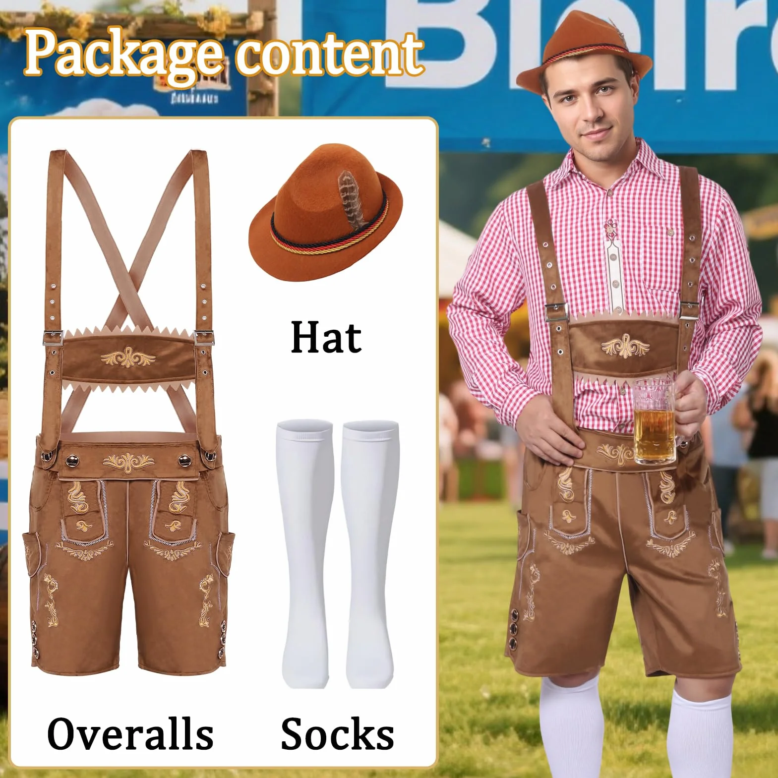 Strój męski na Oktoberfest, bawarski tradycyjny strój męski na Oktoberfest z tradycyjnymi skórzanymi spodniami, kapeluszem i skarpetkami na karnawałową imprezę cosplay (Brązowy, L)