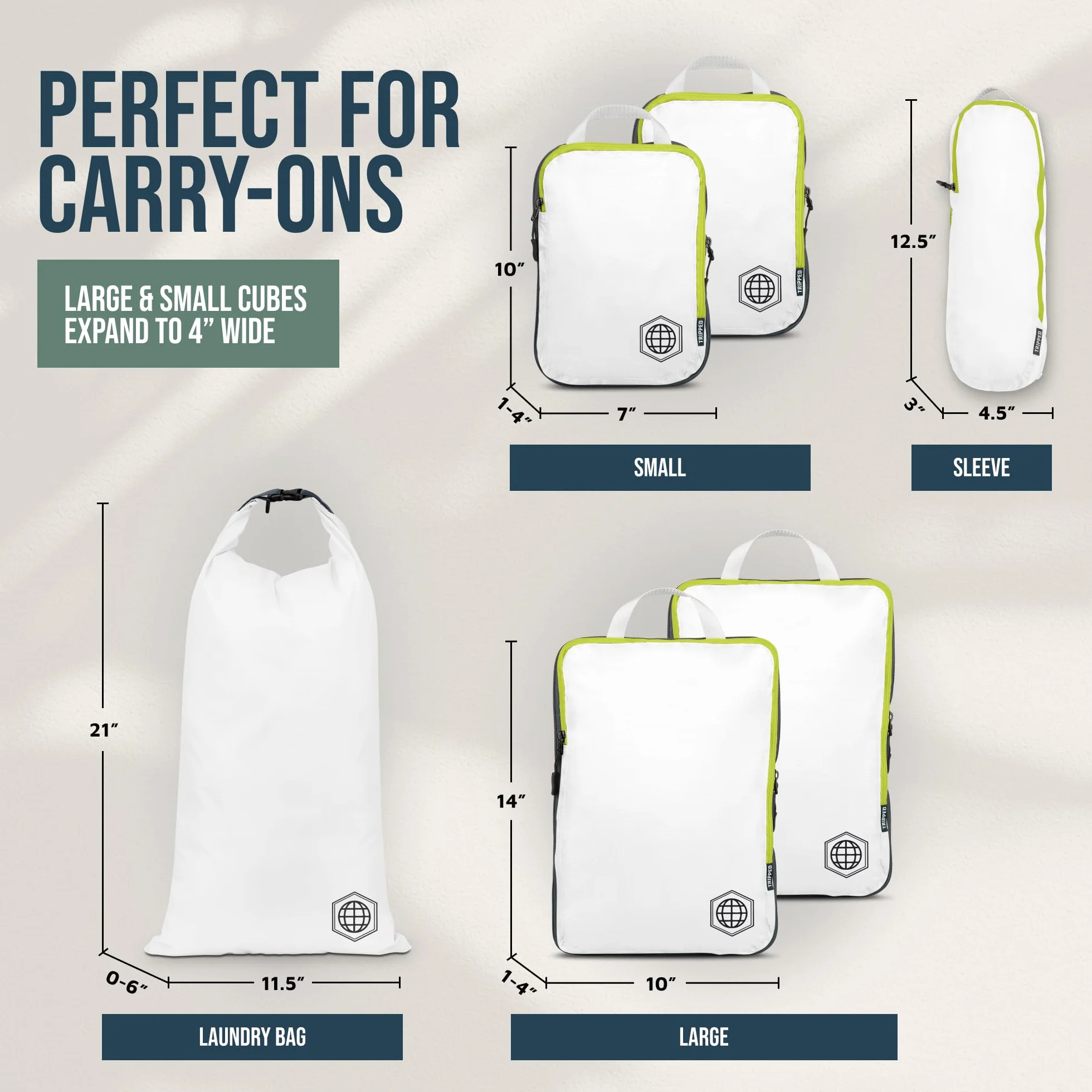 TRIPPED Travel Gear 6-częściowy zestaw kompresyjnych kostek do pakowania Carryon Travel, lekkie torby bagażowe z podwójnym zamkiem błyskawicznym (białe i zielone)