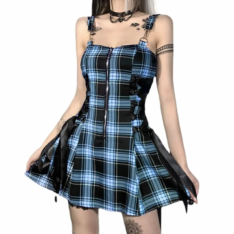 Letnie sukienki o linii A dla kobiet Halter Gothic Zipper Plaid Grunge Punk Sukienka Mini Sexy Fit Y2K Streetwear