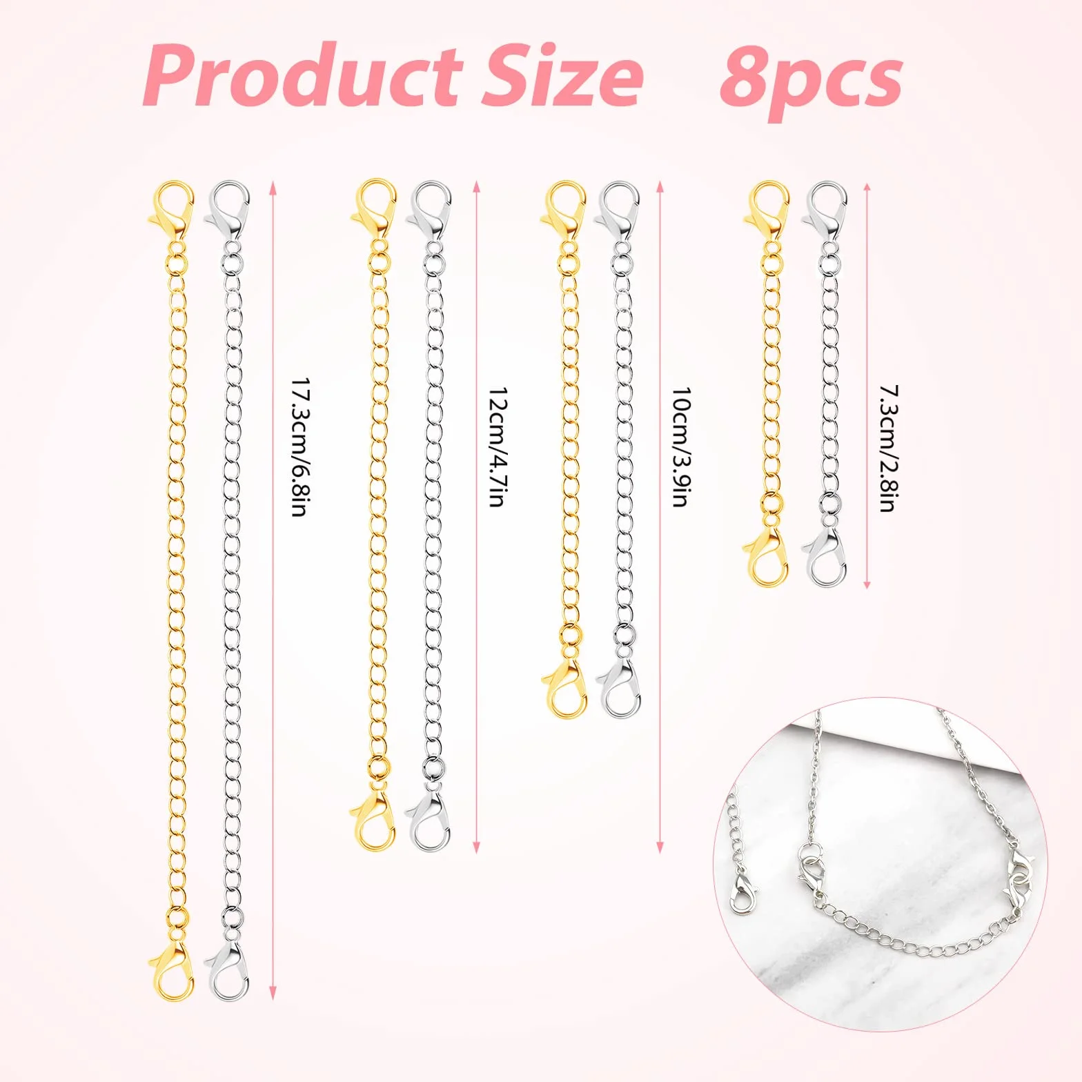 8 sztuk Jewelry Extender Chain, Rozmiar 4 Extension for Necklace Chain Lancuszek Przedluzajacy do Tworzenia Bizuterii Naszyjnik Bransoletka Obraczka (4 Zlote, 4 Srebrne)
