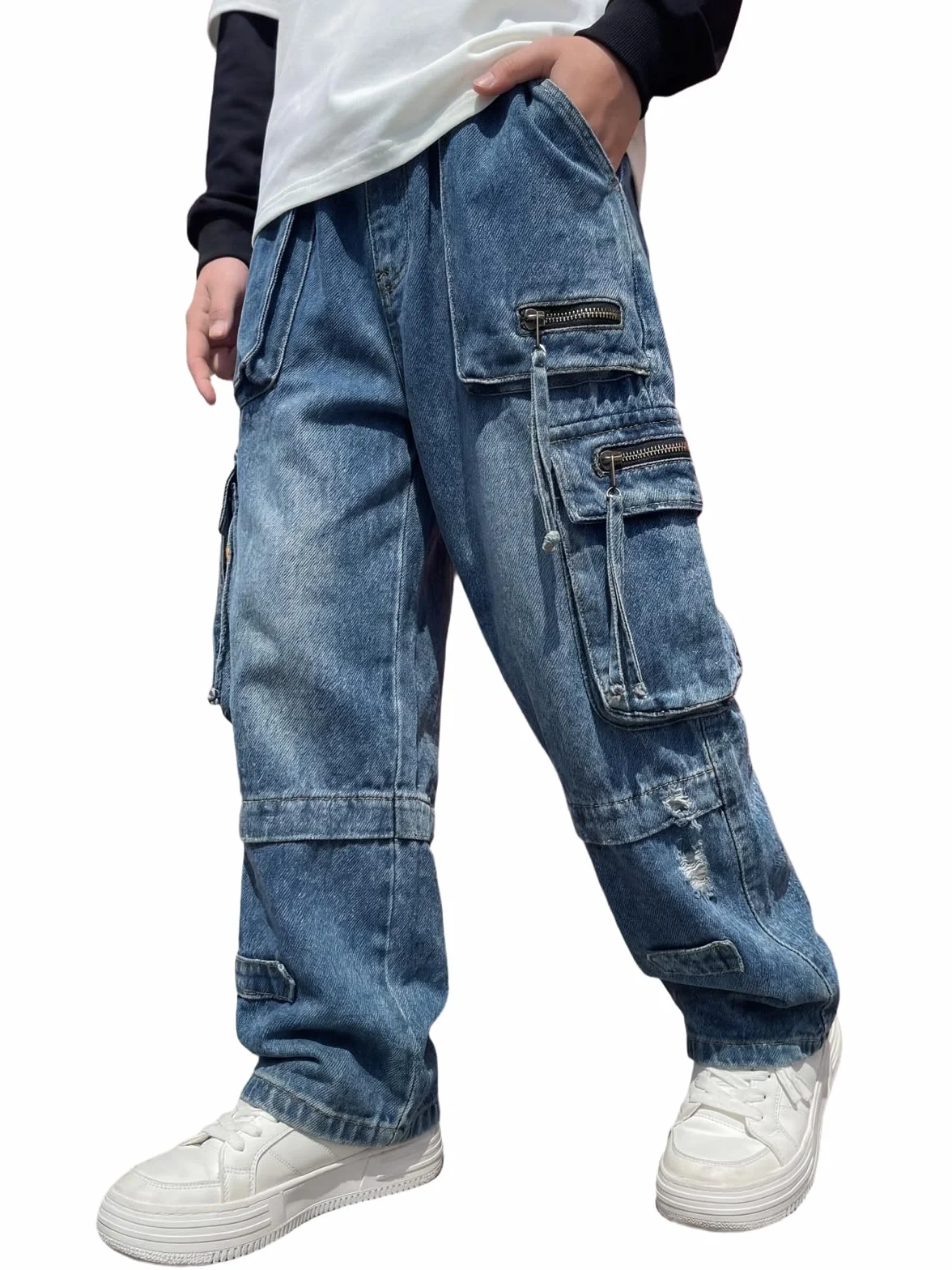 JiAmy Chłopięce spodnie dżinsowe, elastyczny ściągacz, Baggy Jeans chłopięce, szerokie nogawki, Y2k, dziecięce spodnie cargo, bawełna, spodnie dżinsowe dla chłopców i dziewczynek, 120-160 (5-14 lat)