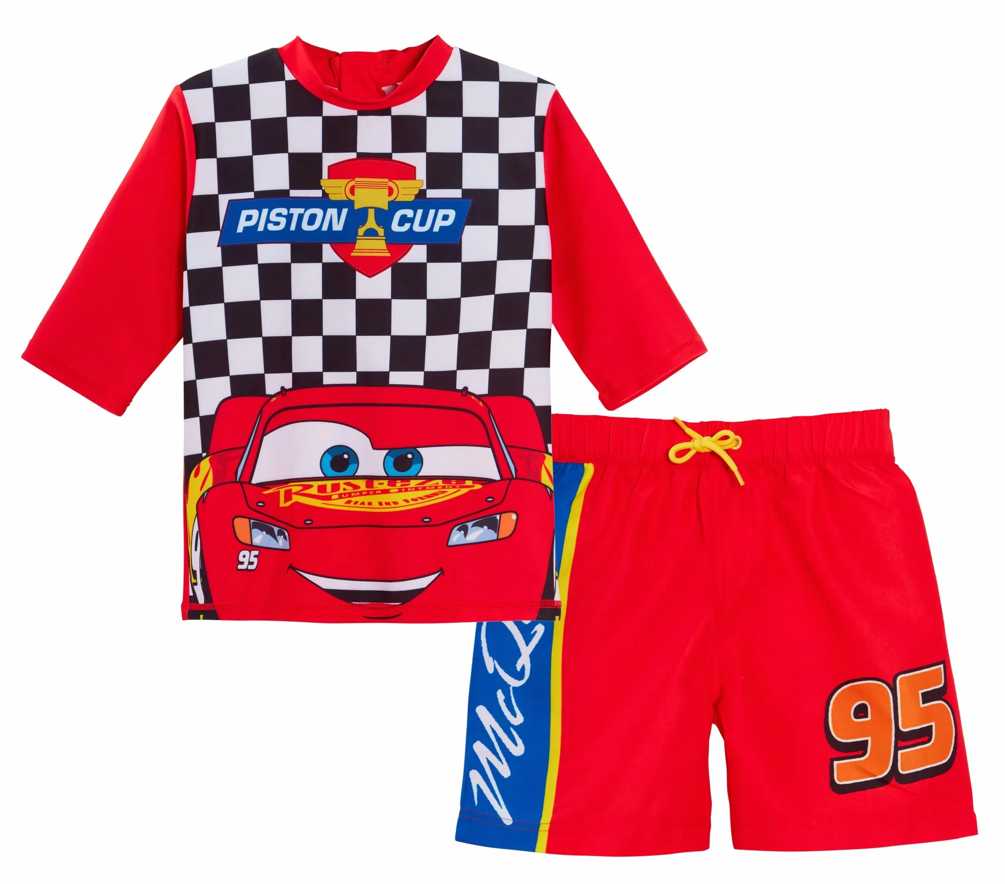 Szorty kąpielowe chłopięce Cars + Rash Vest Lighting McQueen, 2-częściowy zestaw kąpielowy dla dzieci, do surfowania + szorty, zestaw do pływania