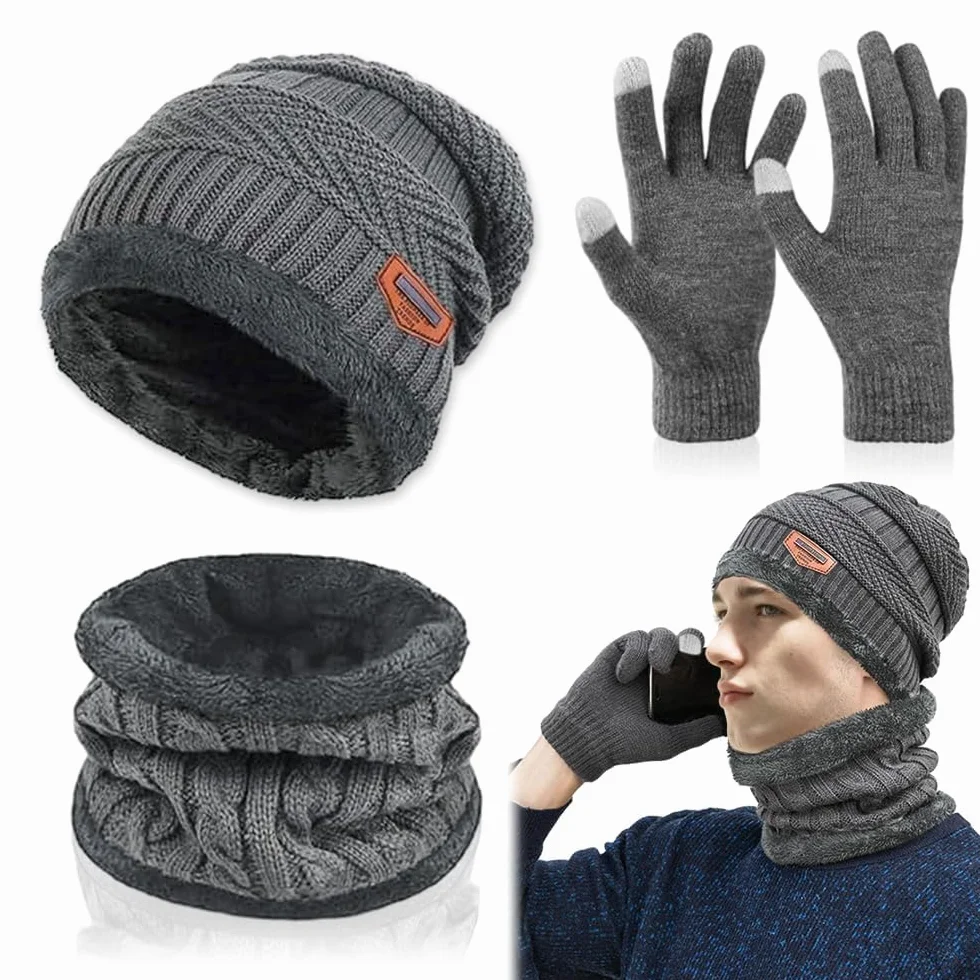 Zestaw czapek, szalików, rękawiczek, zimowych, komin, zimowy, ciepła czapka beanie, szalik, zestaw rękawiczek do ekranów dotykowych, oddychające i elastyczne, dla mężczyzn i kobiet, szary, m