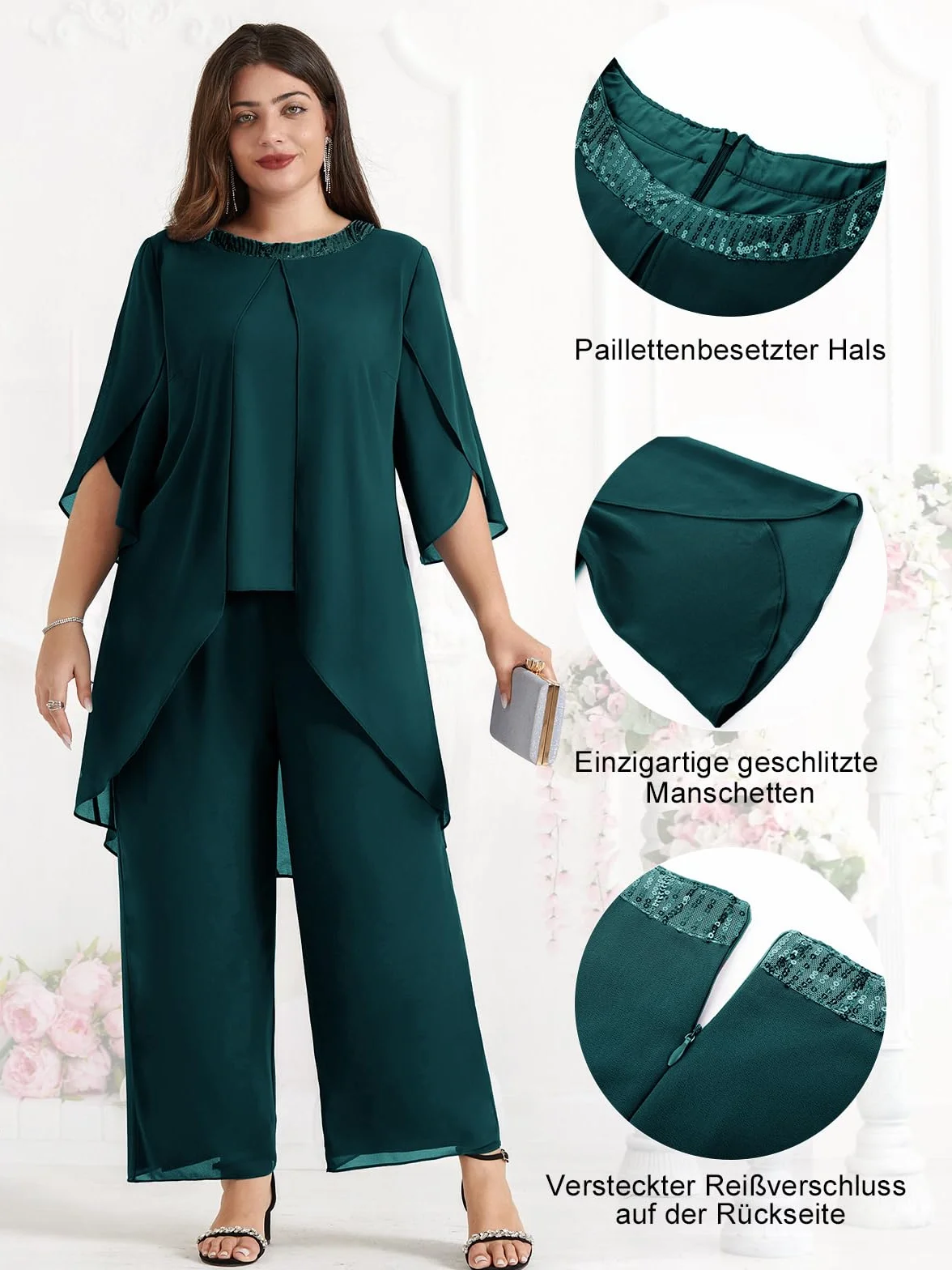 Hanna Nikole Damski strój wieczorowy w dużych rozmiarach, szyfonowy, elegancki, dwuczęściowy, odświętny strój, dla gości weselnych, na uroczystość, moda wieczorowa, cekiny, okrągły dekolt, wysoki