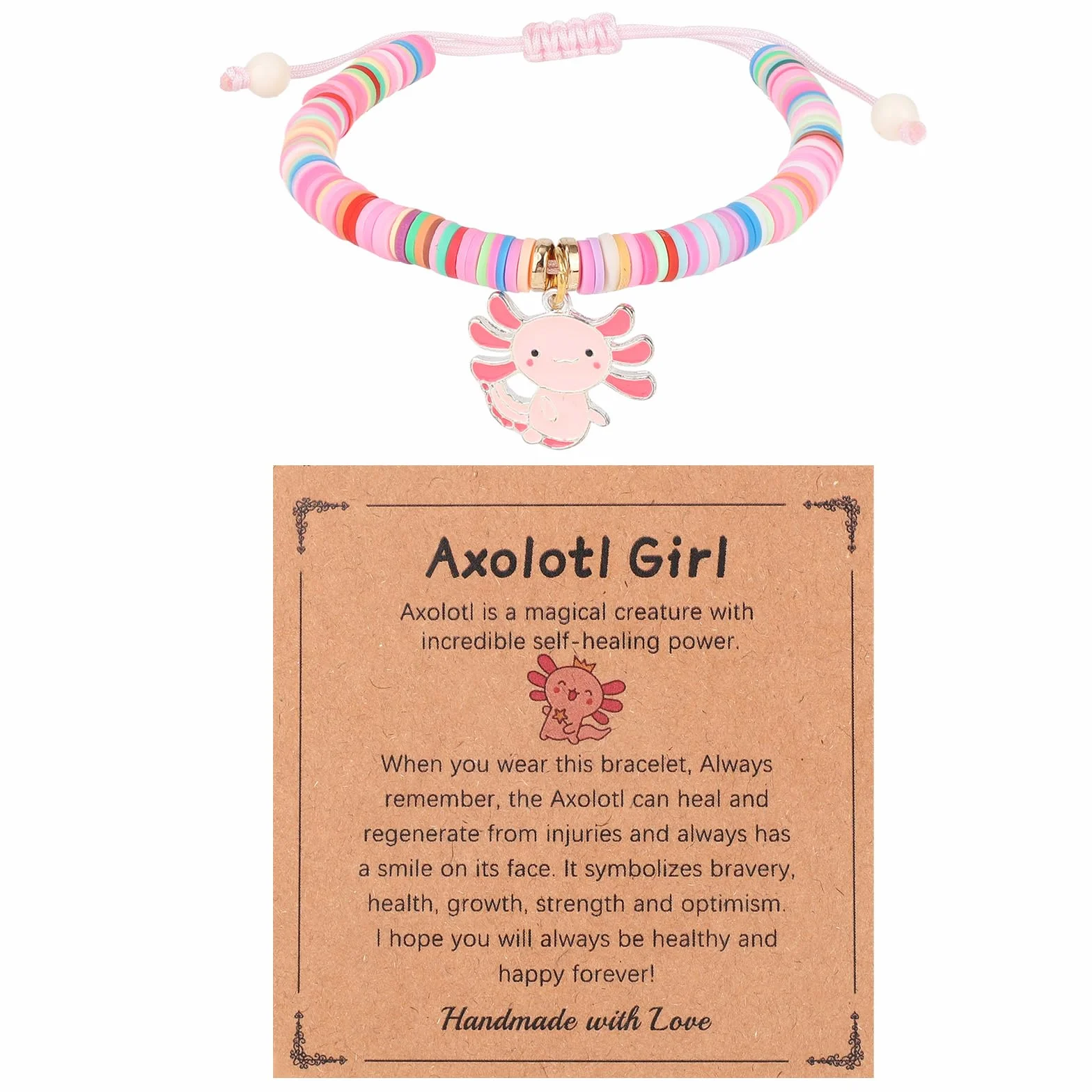 Bransoletka z Aksolotlem, Regulowana Biżuteria Aksolotlem z Kartką Rozciągliwa Bransoletka Kawaii dla Dziewczynek Córek Siostrzenic na Urodziny i Święta Bożego Narodzenia