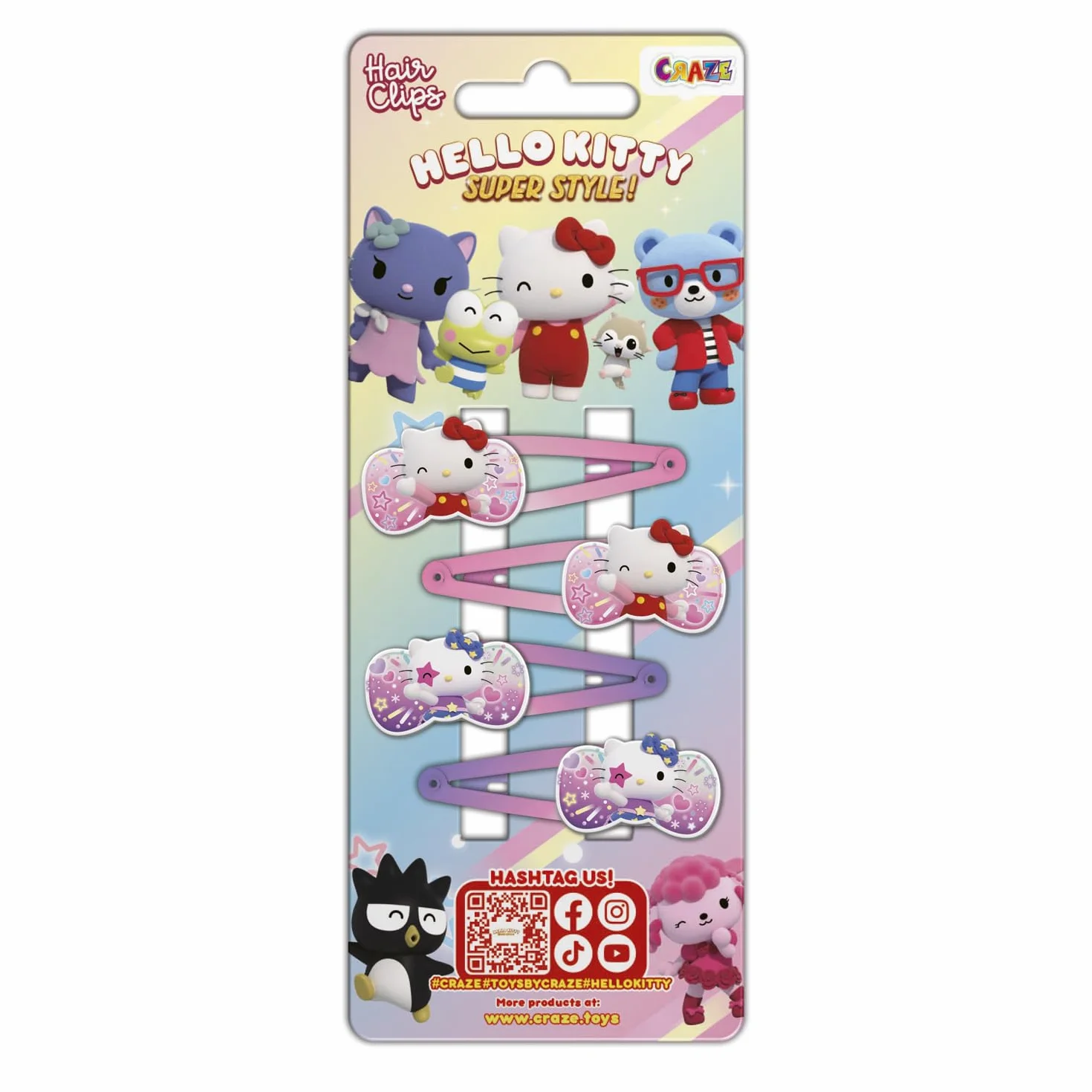 CRAZE Hello Kitty Hair Clip, 4 spinki do włosów dla dziewczynek Hello Kitty, Haczyki do włosów dla dziewczyn, 2 różne wzory (2 sztuki każdego), kolorowe klipsy