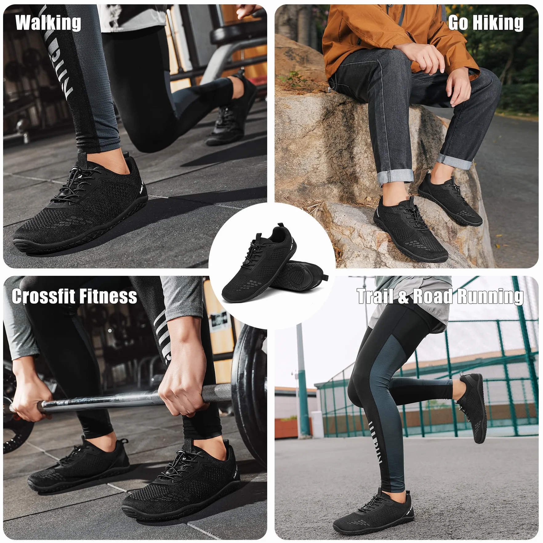Geweo Buty Barefoot Męskie i Damskie Lekkie Wygodne Buty Sportowe Treningow z Szeroką Skrzynią na Palce Oddychające Buty do Biegania, do CrossFit i Fitness, Świeżym Powietrzu Sport Unisex Czarny 46EU