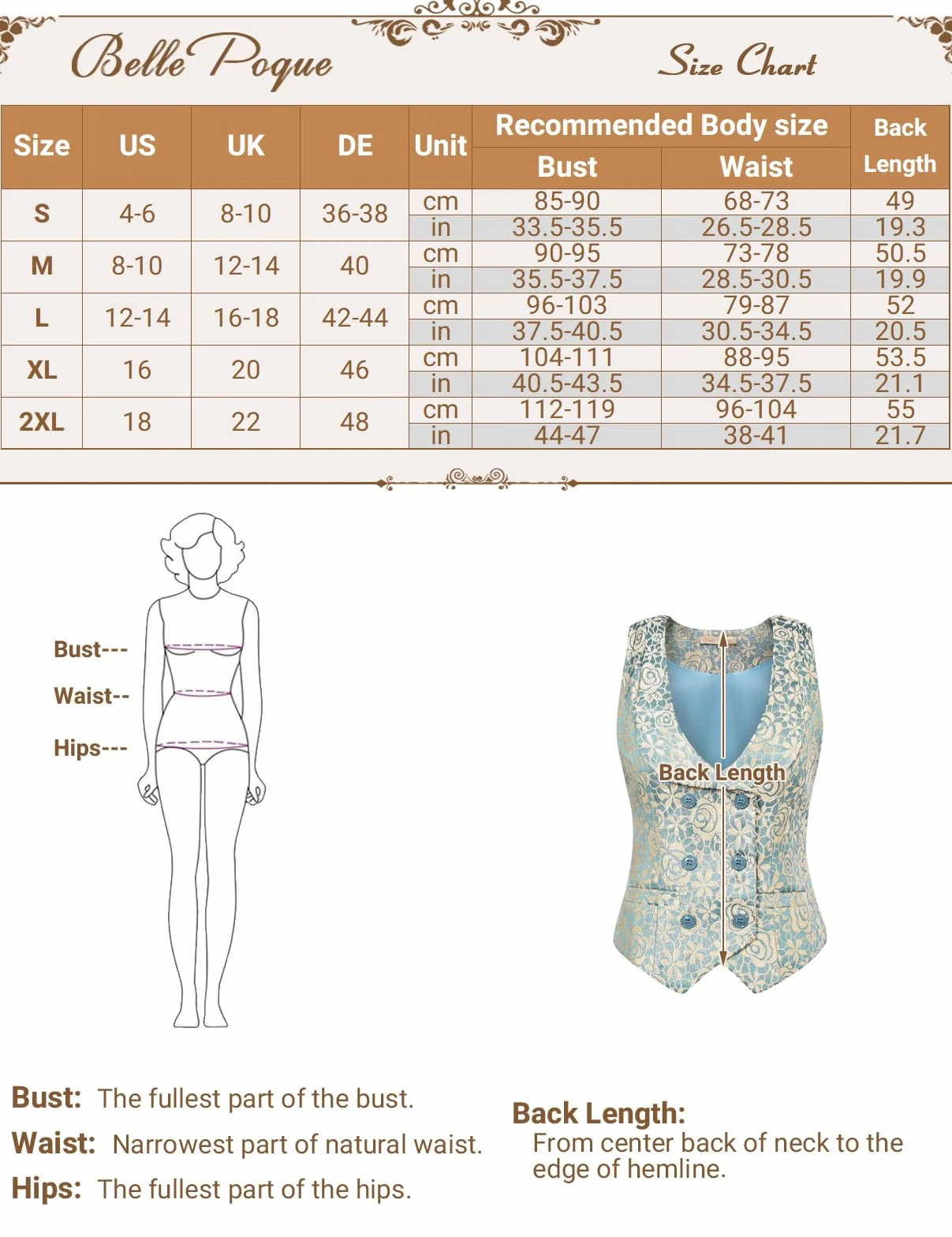 Belle Poque Damska kamizelka dwurzędowa w stylu vintage, głęboki dekolt w serek, poszetka, brzeg, kamizelka, płaszcz z 2 kieszeniami