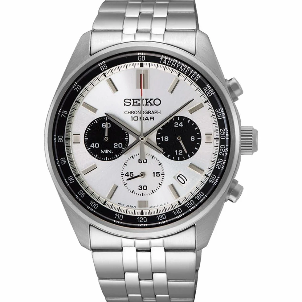 Seiko Essentials męski zegarek chronografowy, bransoletka ze stali nierdzewnej, mechanizm kwarcowy, kaliber 8T63, wyświetlacz daty, kryształ Hardlex, 100 m