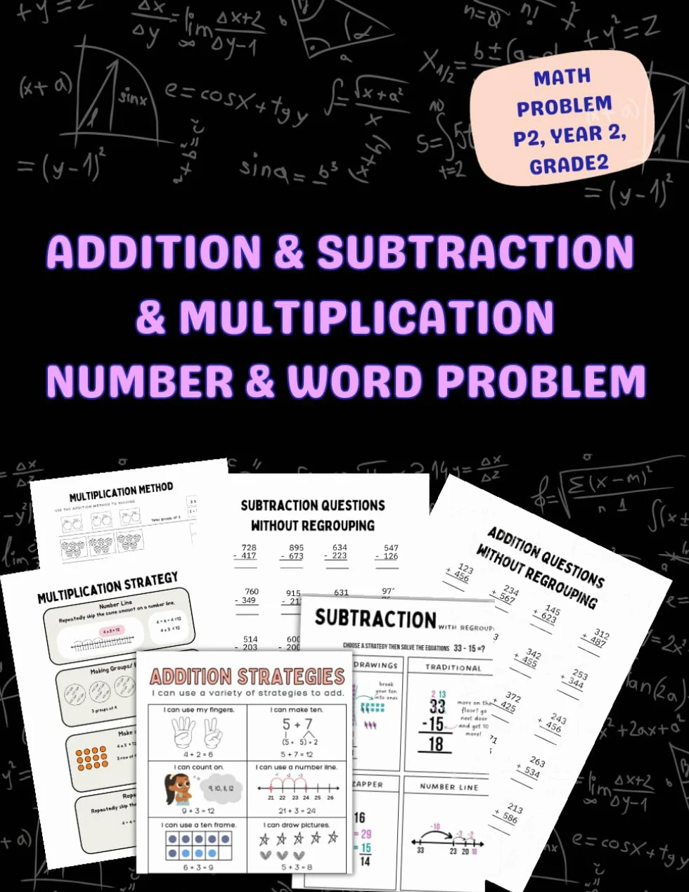 Addition & Subtraction and Multiplication, Math Problems P2, year 2, grade2: Number & Word questions and Answers key for Addition & Subtraction and multiplication for P2, Year2, Grade2 Age 6-8