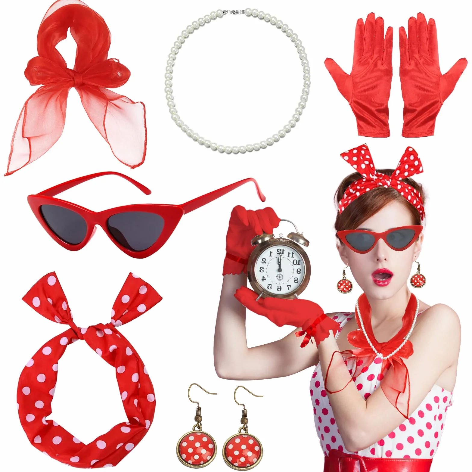 Akcesoria damskie w stylu lat 50., 8 sztuk, rockabilly, akcesoria damskie na karnawał, lata 50., zestaw kostiumowy z szyfonem, szalem, rękawiczkami, okularami, w kropki, bandana, kolczyki,