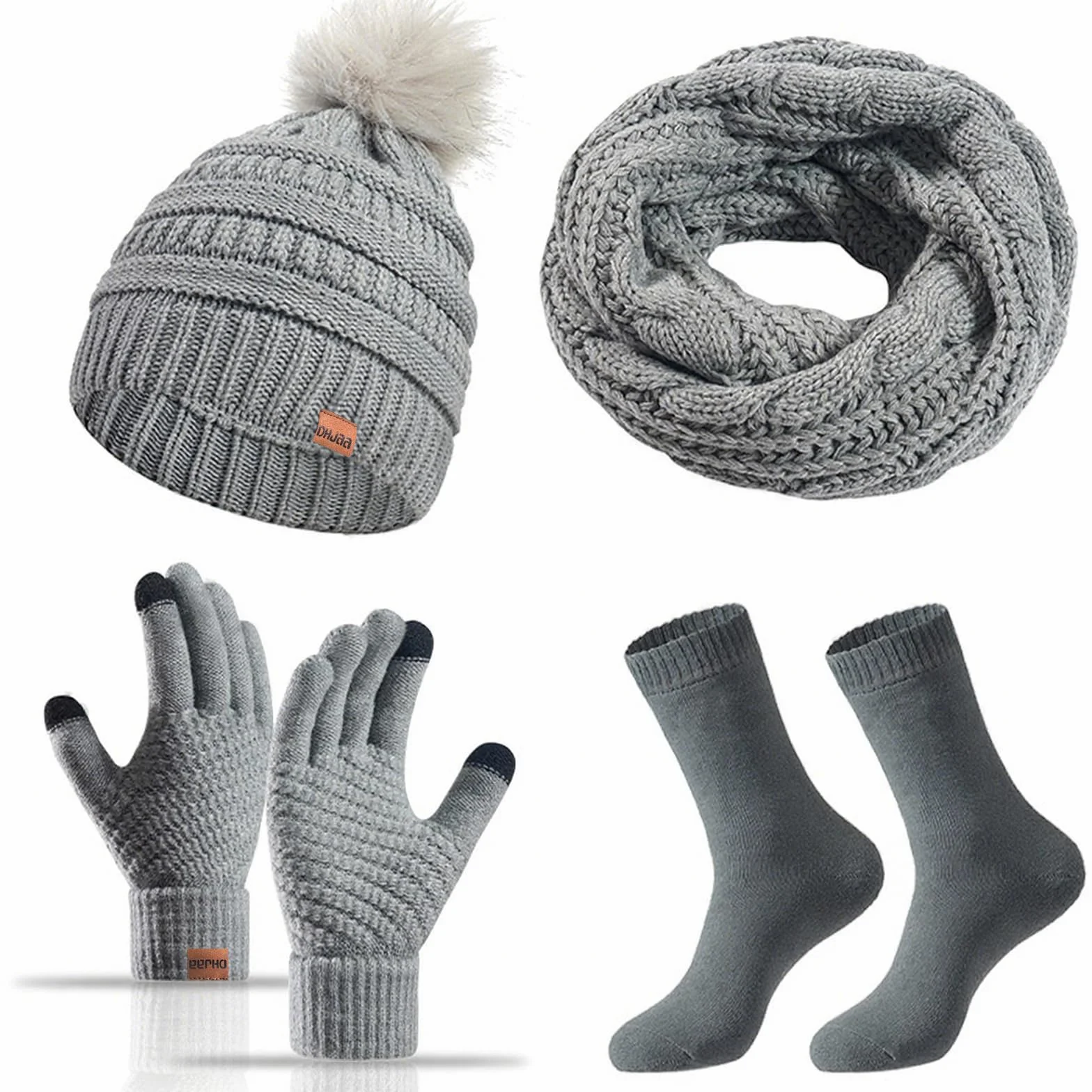 Baynetin 4-pak damski zimowy kapelusz szalik rękawiczki zestaw skarpet, zimowa czapka beanie ciepłe termiczne czapki z pomponem rękawiczki do ekranu dotykowego damski szalik ocieplacz na szyję 4 w 1