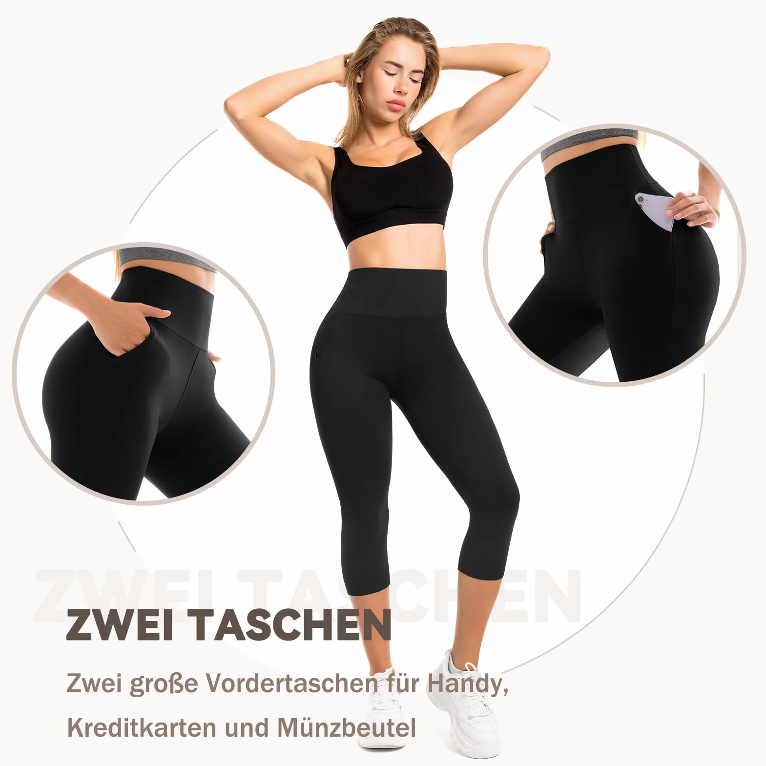 Capri legginsy damskie z kieszeniami, 3/4 sportowe legginsy damskie z wysokim stanem, do jogi, fitnessu, jazdy na rowerze