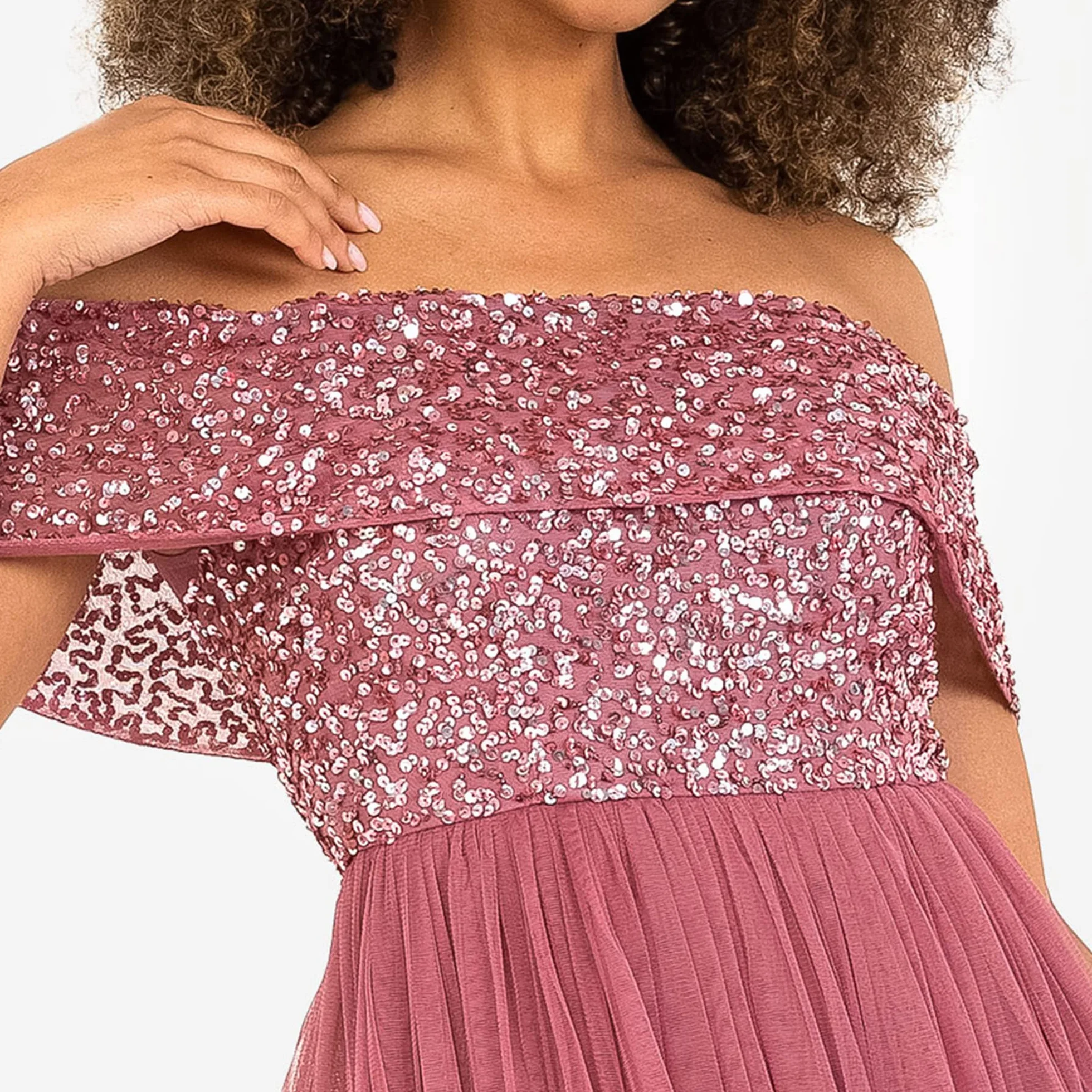 Maya Deluxe Ladies Bardot Dresses Women Midi High Empire Sequins Embellished Formalny wieczór na wesele dla gości sukienka druhny dla kobiet