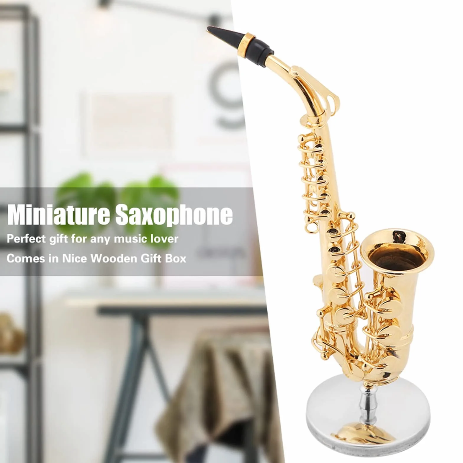 14 cm miniaturowa replika saksofonu altowego z pozłacanym stojakiem, etui i ornamentem mini instrument muzyczny model do dekoracji wnętrz figurka model