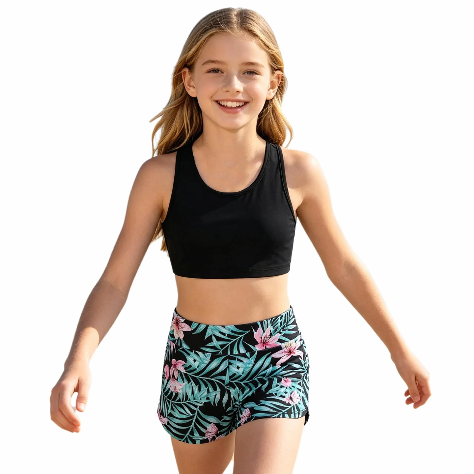 Agoky Dziewczęce sportowe tankini zestaw bikini dwuczęściowy strój kąpielowy z gorsetem + krótkie spodenki, wzór panterki, strój gimnastyczny, gimnastyka, joga, taniec, odzież rozm. 116-164
