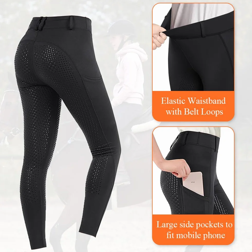 HOTUT Damskie spodnie jeździeckie, damskie legginsy jeździeckie, damskie majtki do jazdy konnej z silikonowym dnem, wysoka talia, damskie spodnie jeździeckie z kieszenią i szlufkami na pasek