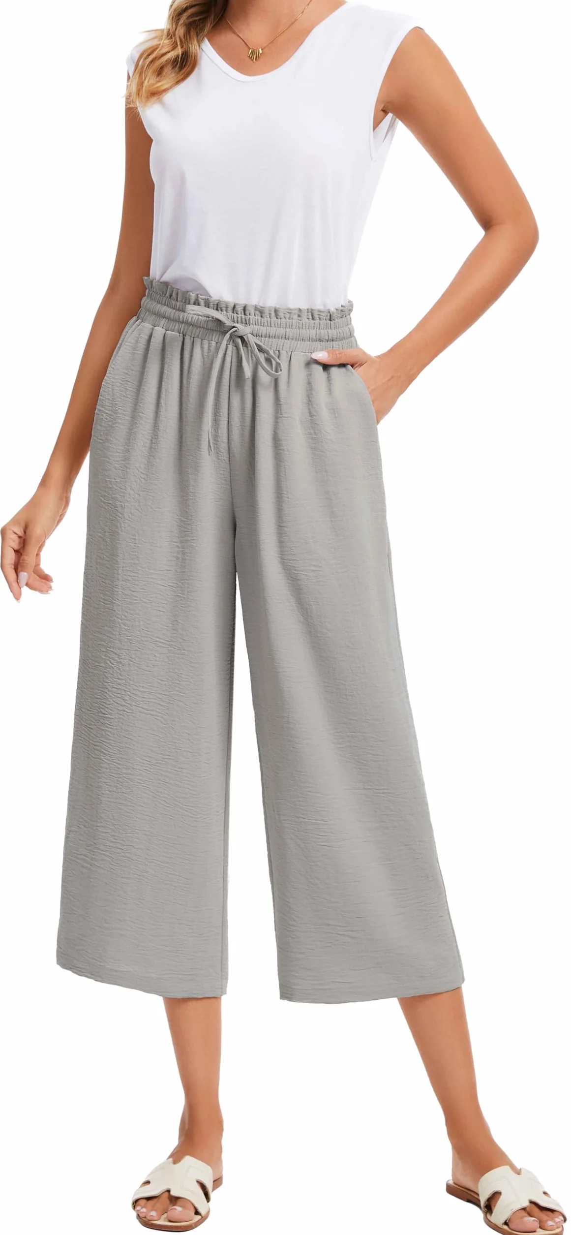 Damskie Spodnie Letnie 3/4 Culotte Wysoki Stan z Falbanką Elastyczną Talią Lekkie Oddychające Spodnie Capri z Kieszeniami dla Kobiet