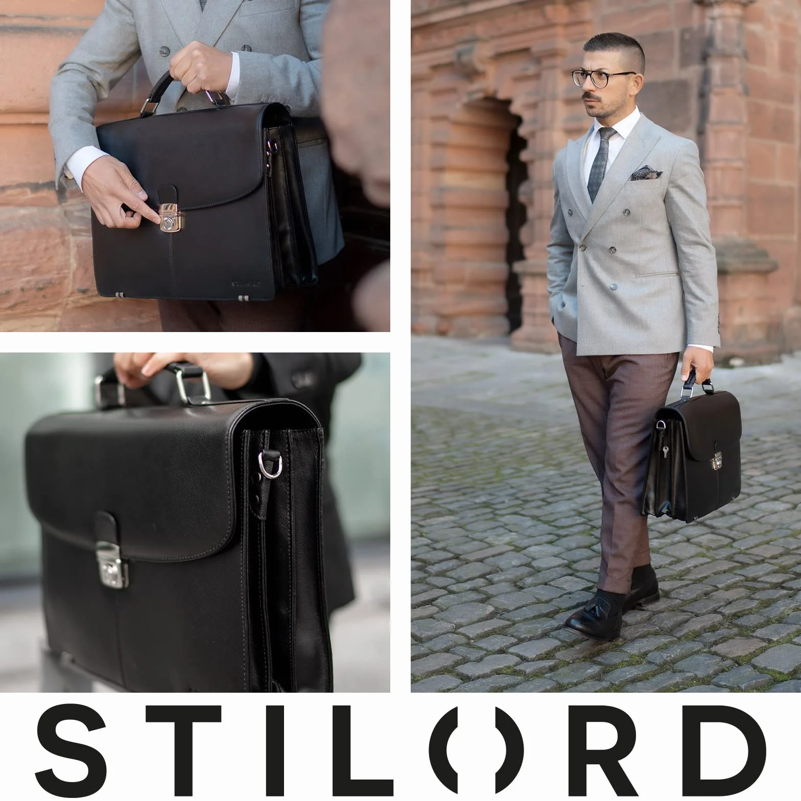 STILORD "Miguel" Classic Leather Briefcase Black Gents duża torba biznesowa torba biurowa z zamkiem do powieszenia 15,6 calowej torby na laptopa Kolor:czarny